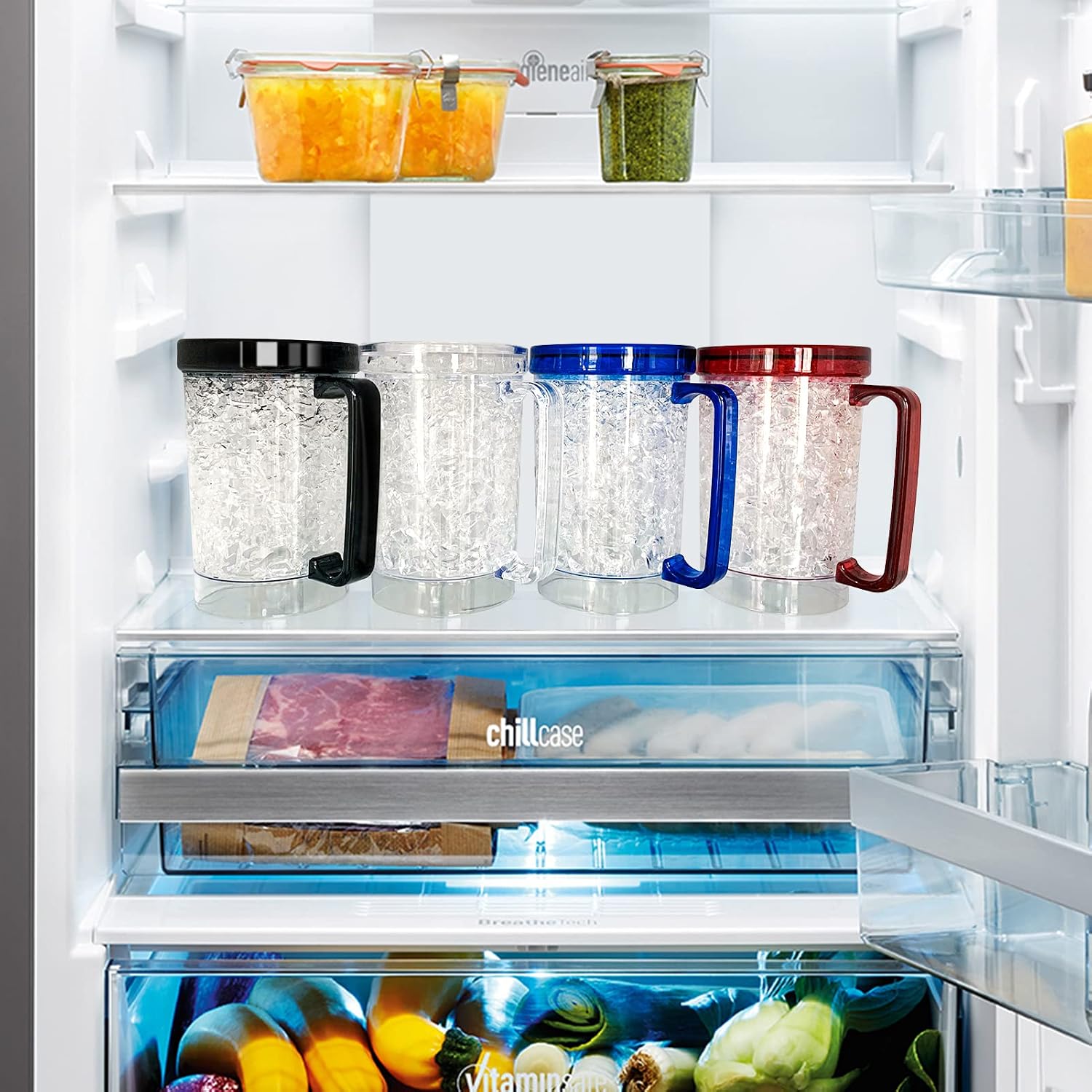 Double Wall Gel Frosty Freezer Ice Mugs Clear 16oz Set of 4 (Blue, Red, Orange and Green)