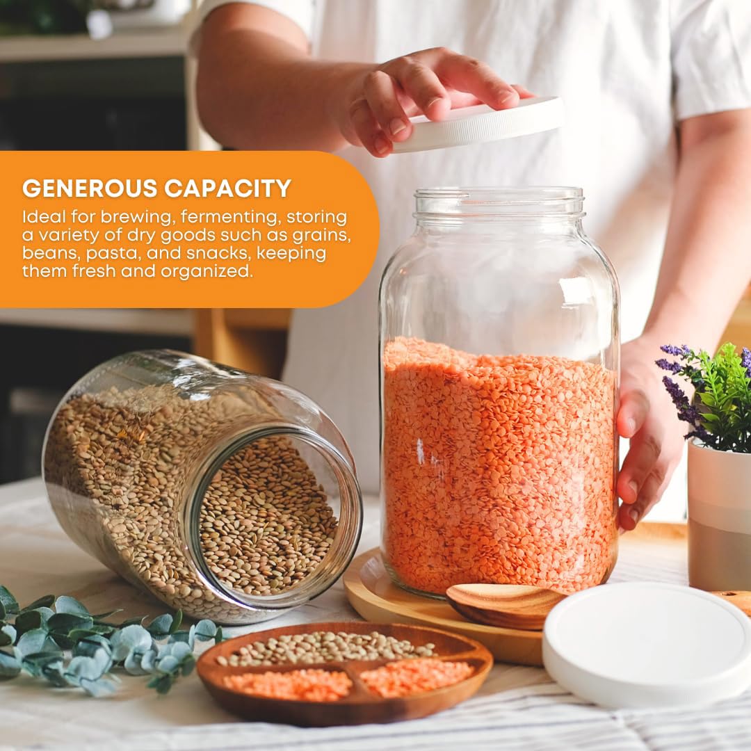 4-Pack 1 Gallon Glass Jar with Lid | Wide Mouth Food Storage Canisters | Heavy-duty Glass Jars with Airtight Lid for kombucha, pickling, canning, fermentation, cider, wine and bulk pantry storage