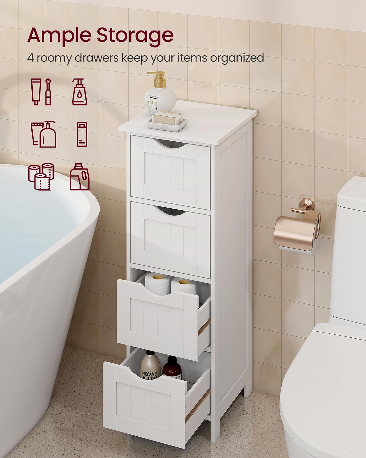 VASAGLE Floor Storage Cabinet, Freestanding Storage Organizer with 4 Drawers, 11.8 x 11.8 x 32.3 Inches, for Living Room, Bathroom, Dining Room, Kitchen, Modern Style, Cloud White ULHC040WH01S