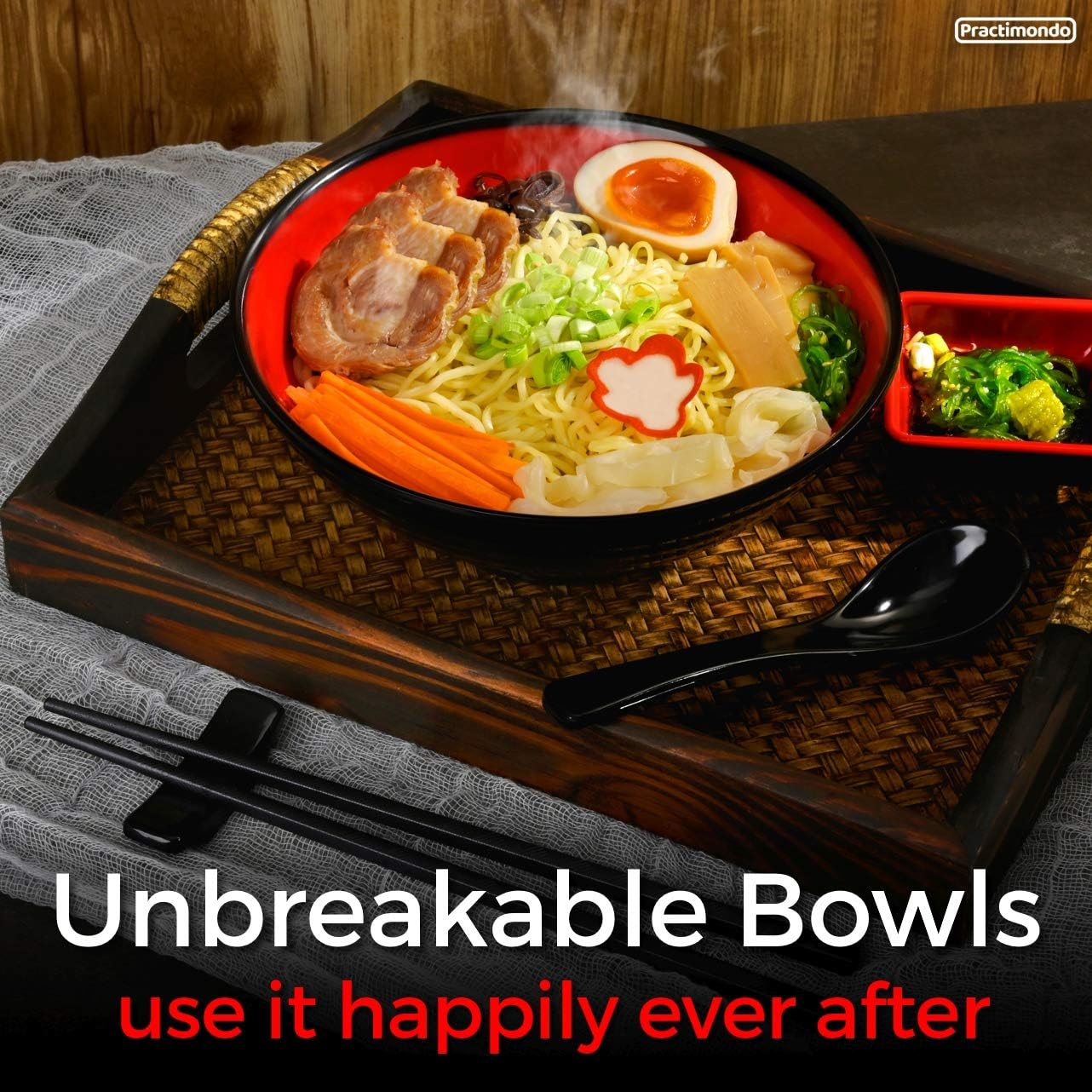 Unbreakable Ramen Bowl Set with Chopsticks and Spoon: 2 large Japanese Style Melamine Ramen Bowls