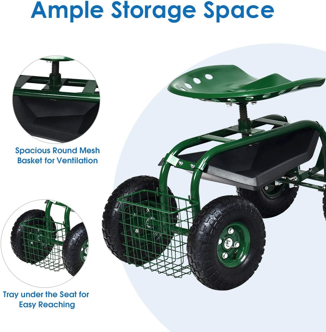 Goplus Rolling Garden Cart with Seat, Outdoor Garden Stool with Wheels, Tool Tray & Basket, Adjustable Steering Handle