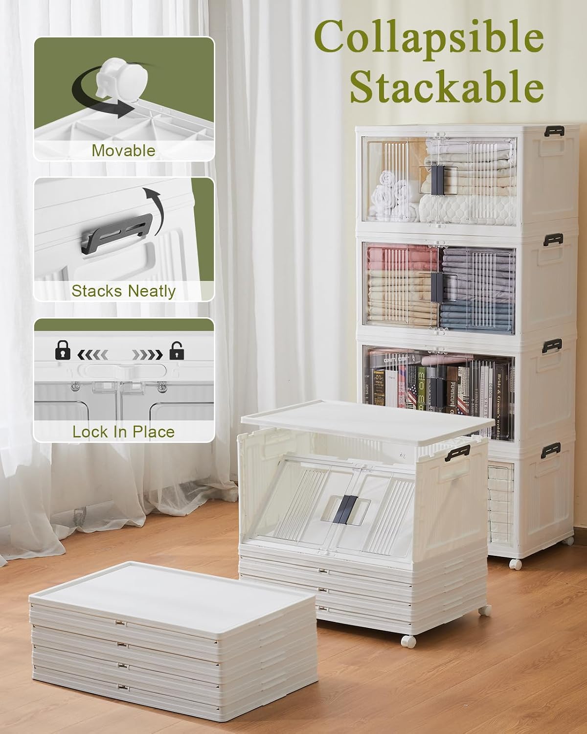 OlarHike 144QT Storage Bins with Lids for Closets, Office, Dorm, 3 Pack | Multi-Lid, Lockable Cabinet, Doors & Wheels, Foldable & Collapsible, Stackable Organizers, Plastic Drawers, School, Game Day