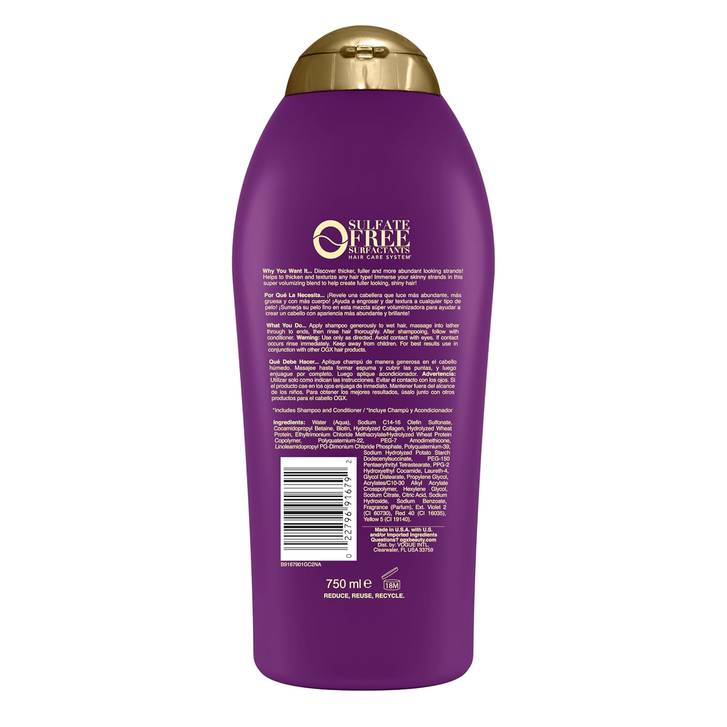 OGX Thick & Full + Biotin & Collagen Volumizing Shampoo, Nutrient-Infused Hair Shampoo with Vitamin B7 Biotin Gives Hair Volume & Body for 72+ Hours, Sulfate-Free Surfactants, 13 fl. oz