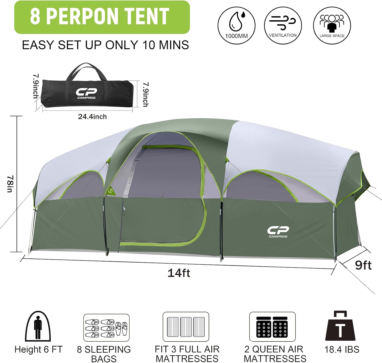 CAMPROS CP 8 Person Camping Tent, Room Divider, Rainfly, Weather Resistant
