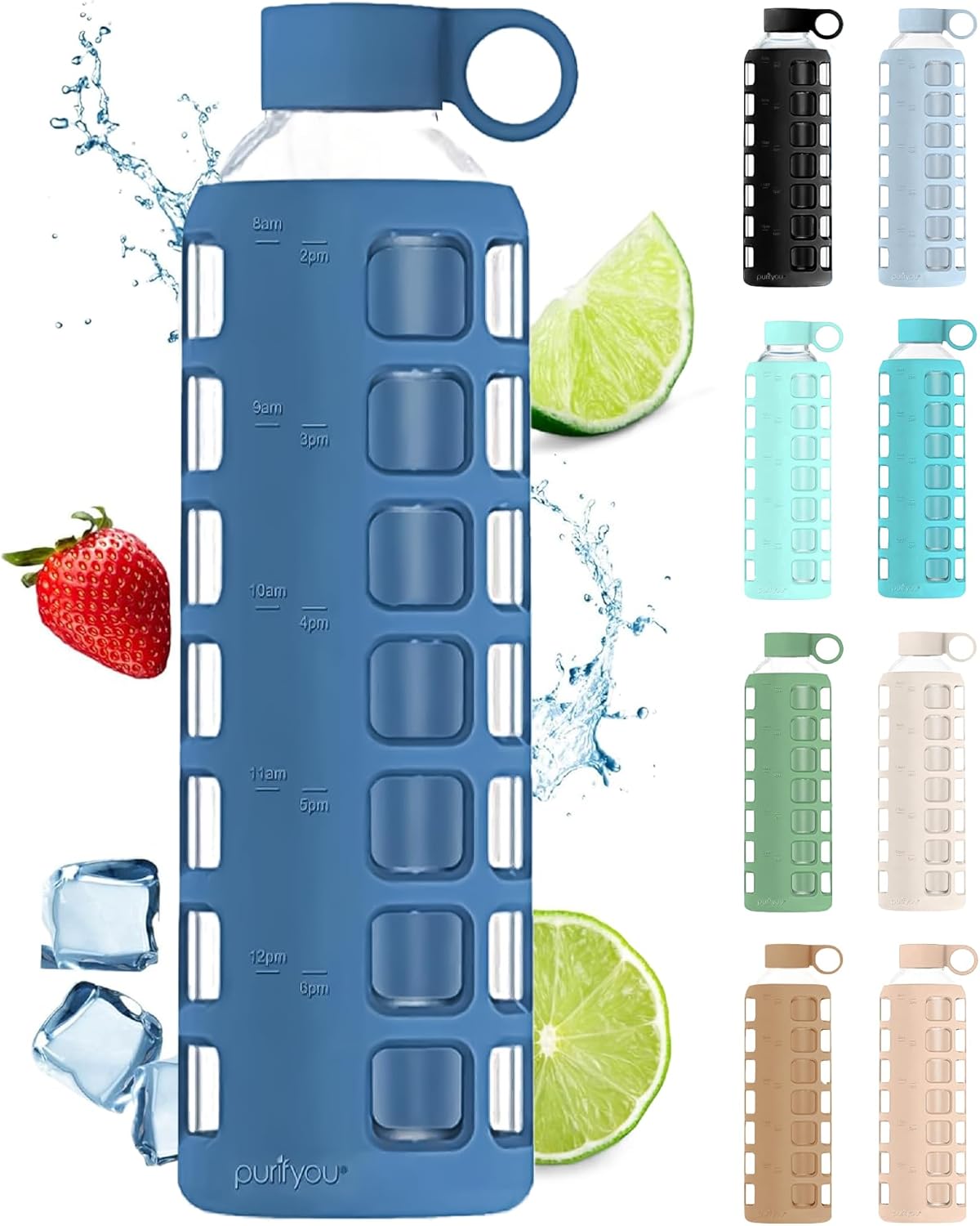purifyou 40oz / 32oz / 22oz / 12oz Borosilicate Glass Water Bottle with Time & Volume Markers, Silicone Sleeve