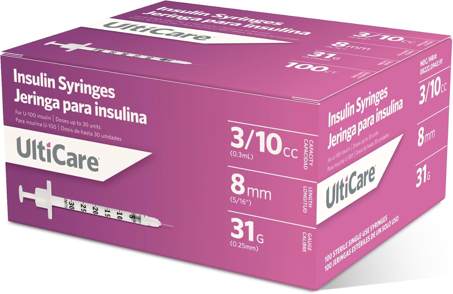 UltiCare U-100 Insulin Syringes | 3/10cc, 31G x 8mm, 100 Count | Sterile Single-Use Syringes | Clear Unit Markings, Silicone Coating
