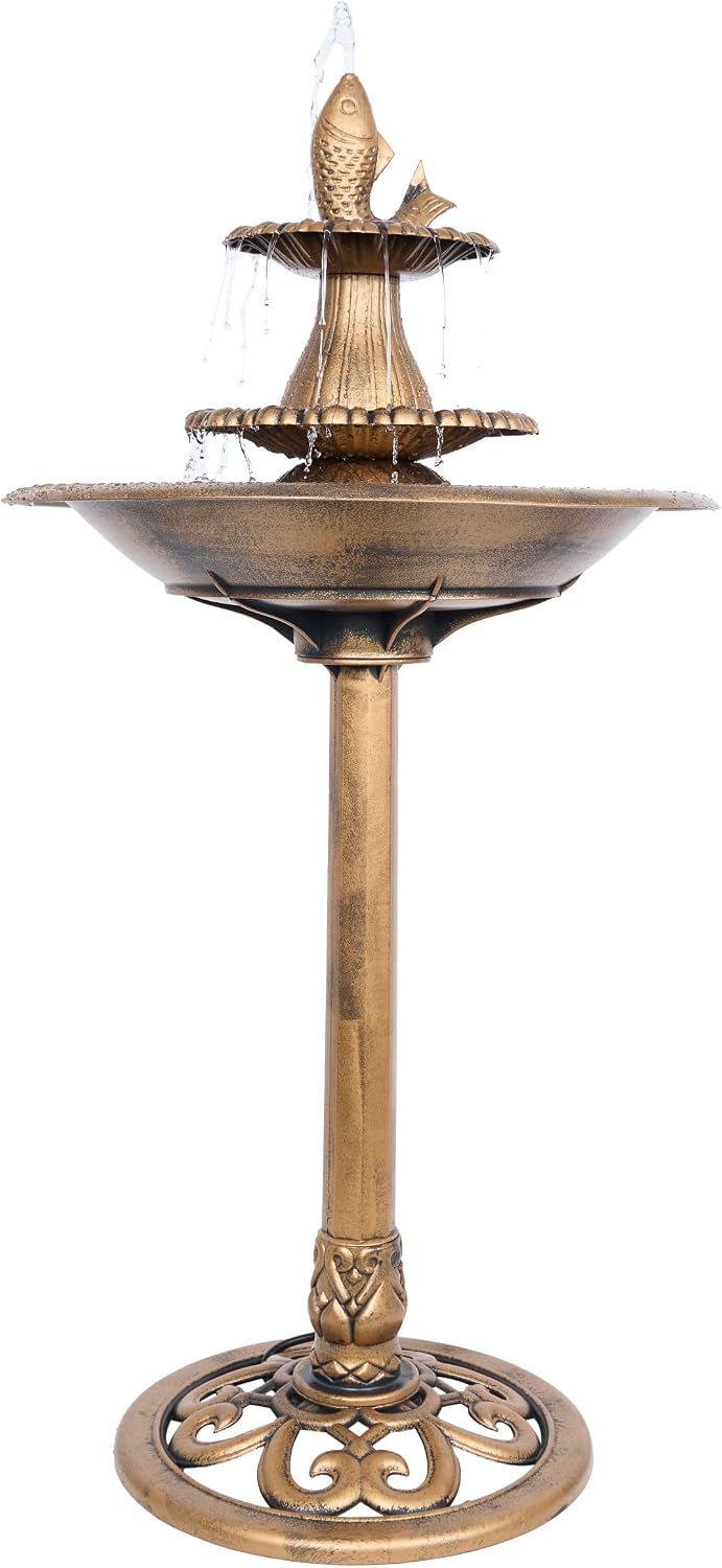 Alpine Corporation TEC116 Outdoor Aged Green Pedestal Birdbath with Scrollwork, 28" Tall, Green