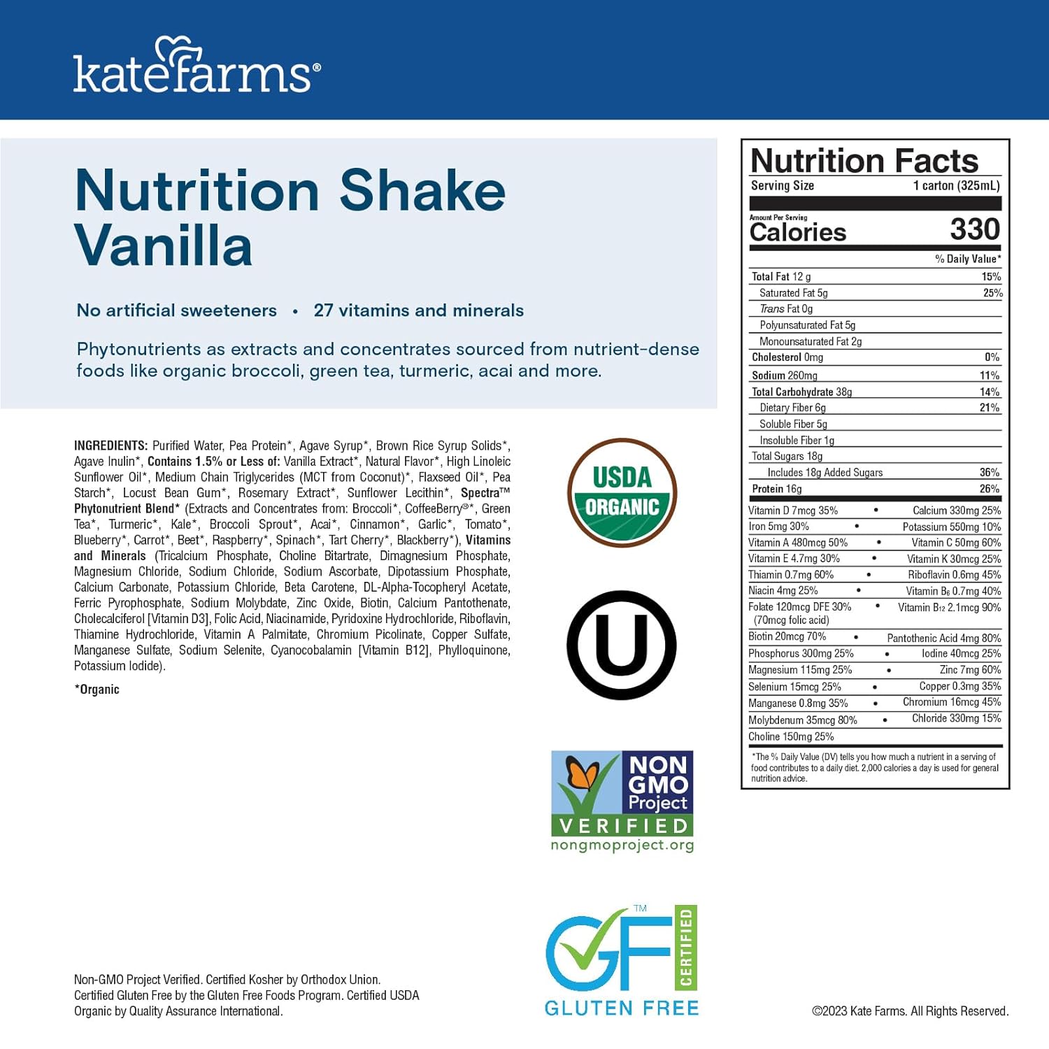KATE FARMS Organic Nutrition Shake, Chocolate, 16g Protein, 12 Pack