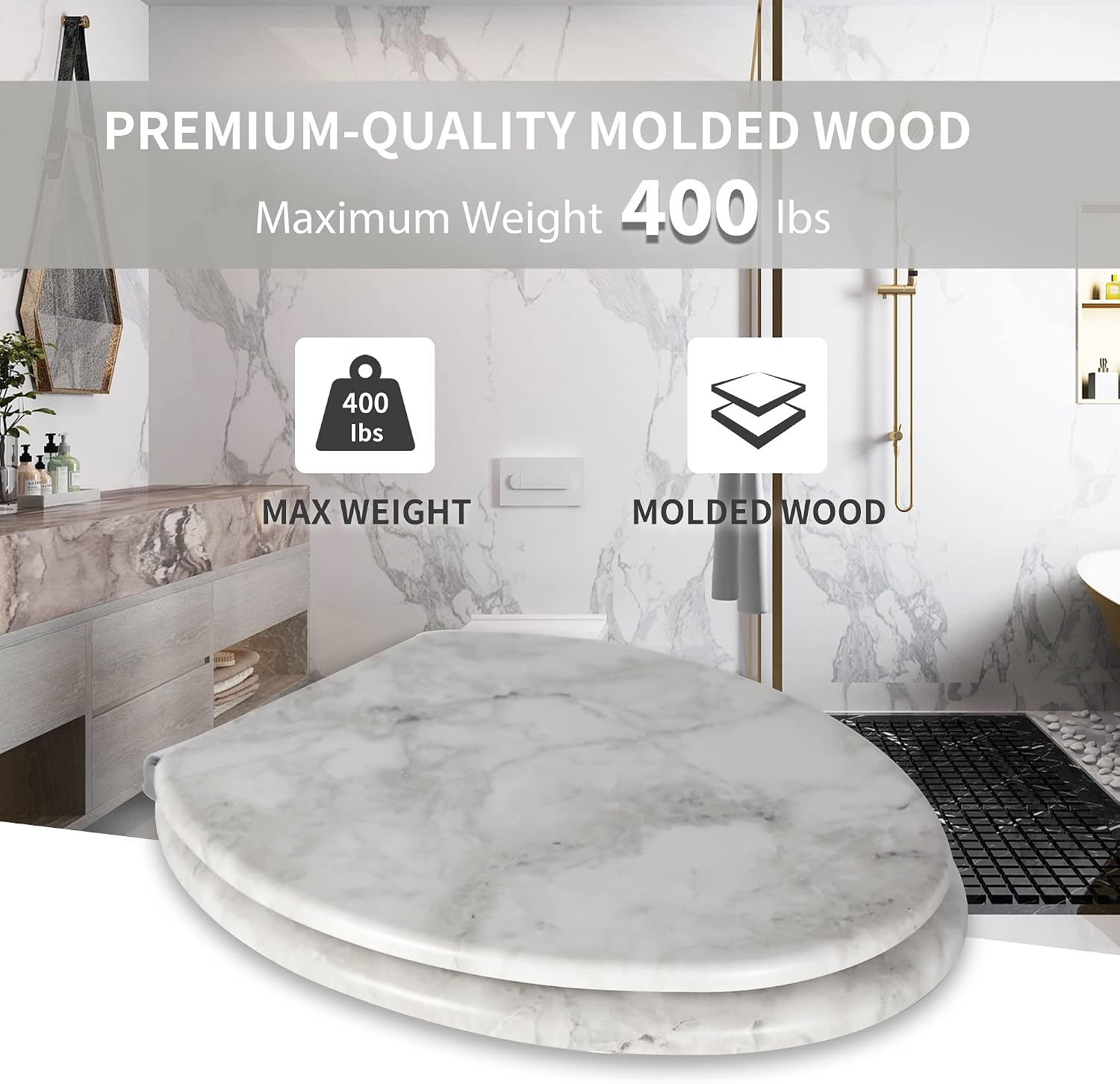Angel Shield Marble Toilet Seat Durable Molded Wood with Quiet Close,Easy Clean，Quick-Release Hinges (Elongated,Black Marble)