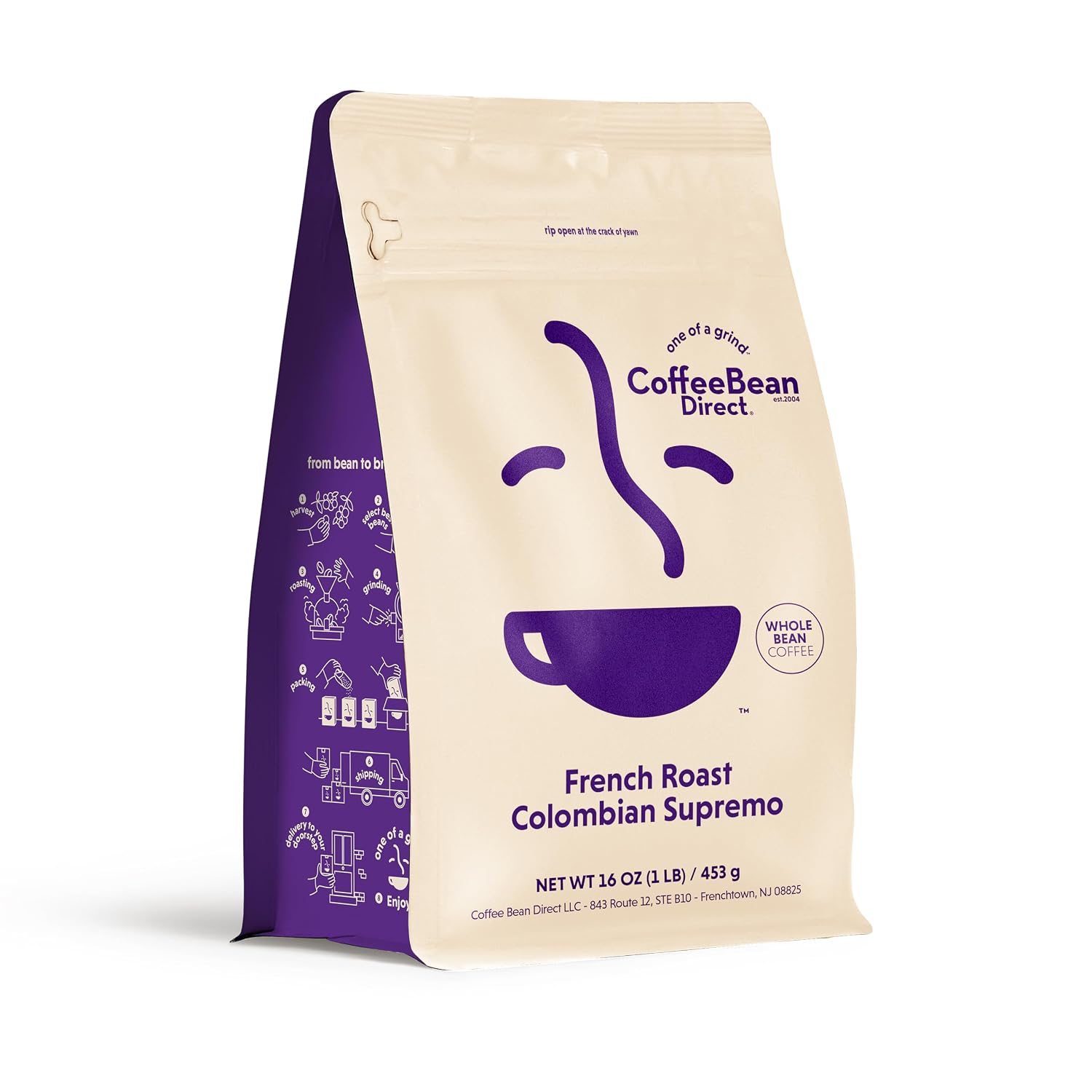 Coffee Bean Direct French Roast Colombian Supremo, Whole Bean, 1lb Bag | Dark Roast, Single Origin Arabica Coffee Beans