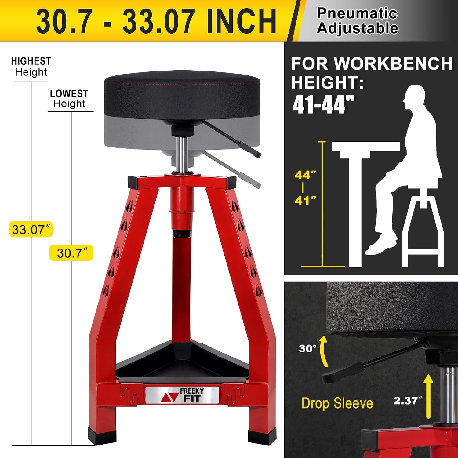 Adjustable Shop Stool,Garage Mechanic Stool Chair,Work Seat for Workshop, Adjustable Height, 360° Swivel Padded Square Seat,Tool Storage, 350 LBS Capacity, Heavy Duty, Blue
