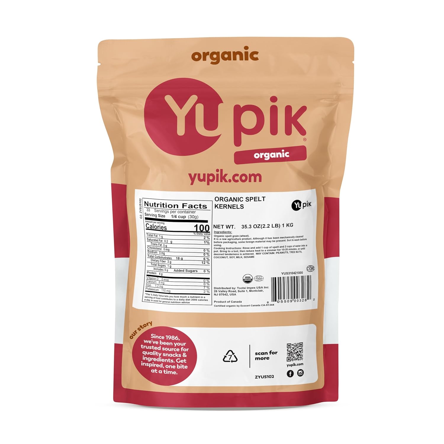 Yupik Organic Spelt Kernels, 2.2 lb (35.2 oz), Non-GMO, Kosher, Vegan, Raw Hulled Grains, Unsalted, Source of Fiber, Ideal for Baking & Cooking