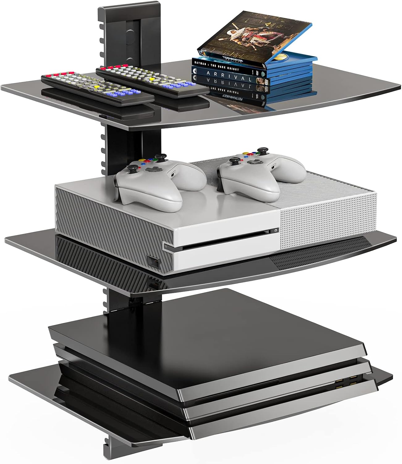 WALI Floating TV Shelf, 2 Tier Glass Projector Shelf for DVD Players, Routers, Game Consoles, Cable Boxes, Living Room Decor, Wall Mount Shelves Hold Up to 17.6lbs (CS202B), 2-Shelf, Black