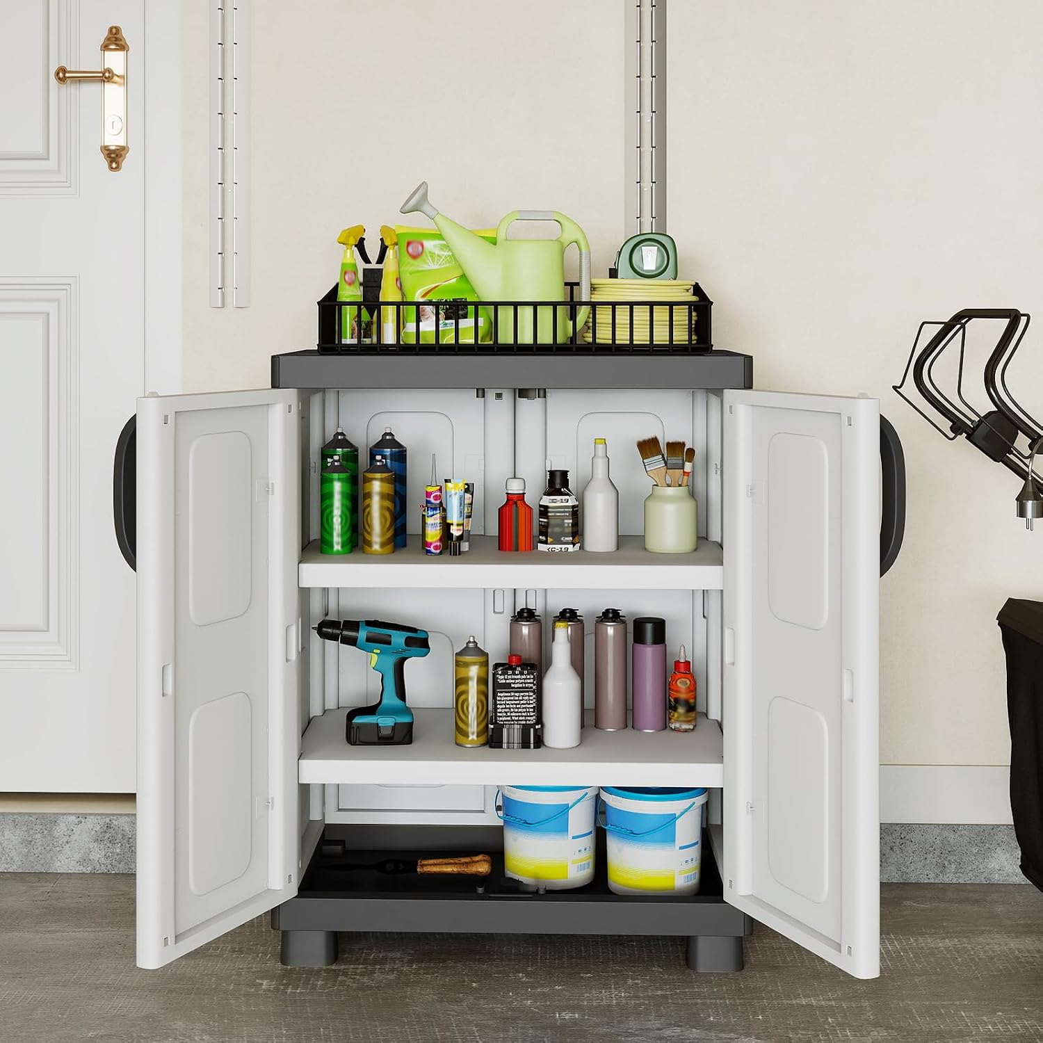 GIANTEX Storage Cabinet with 2 Doors and Adjustable Shelves, Modern Plastic Base Garage Organizer, Floor Sideboard for Kitchen, Dining Room, Bathroom (Wide-29"x19"x37",White+Brown)
