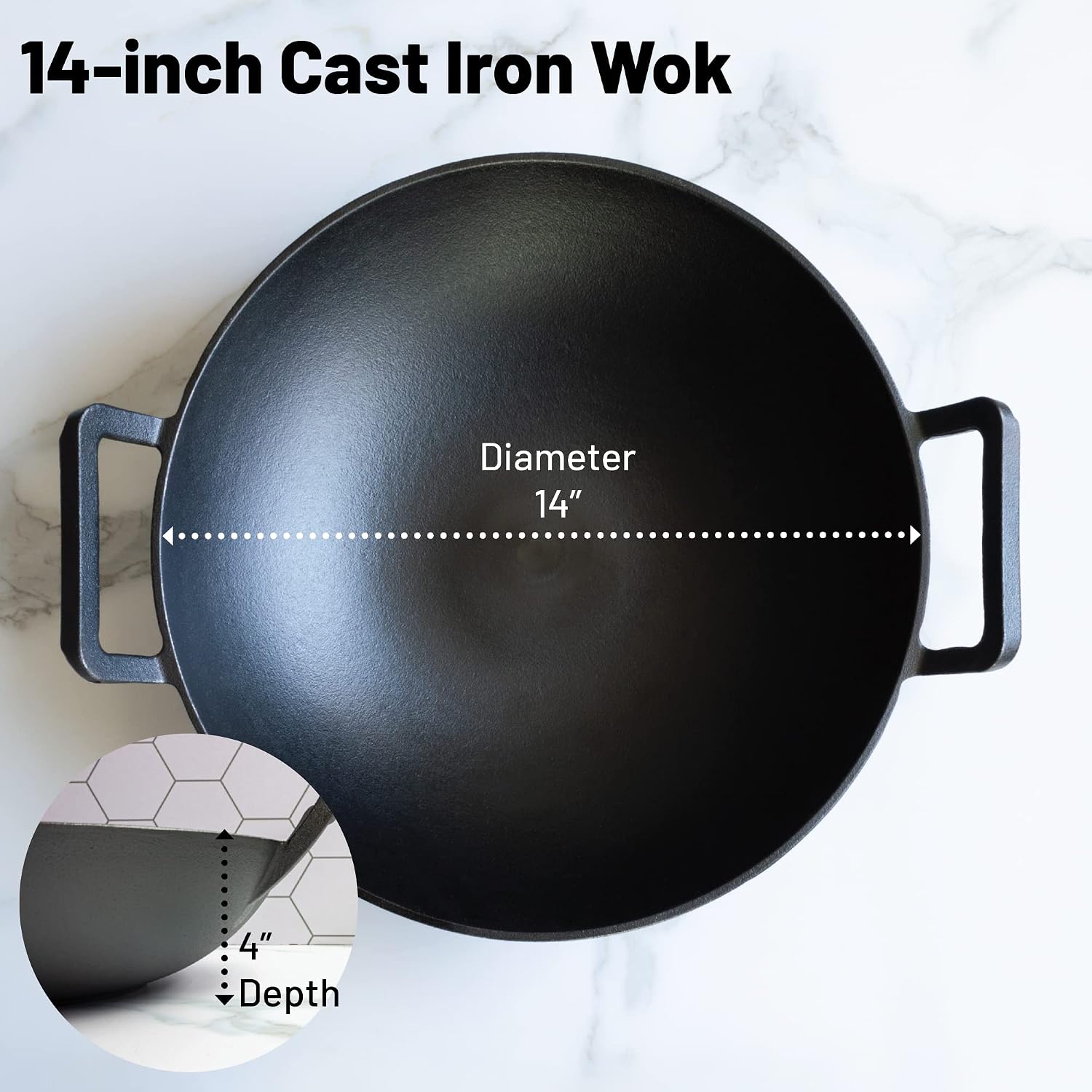 14 inch Cast Iron Wok with Flat Base and Handles