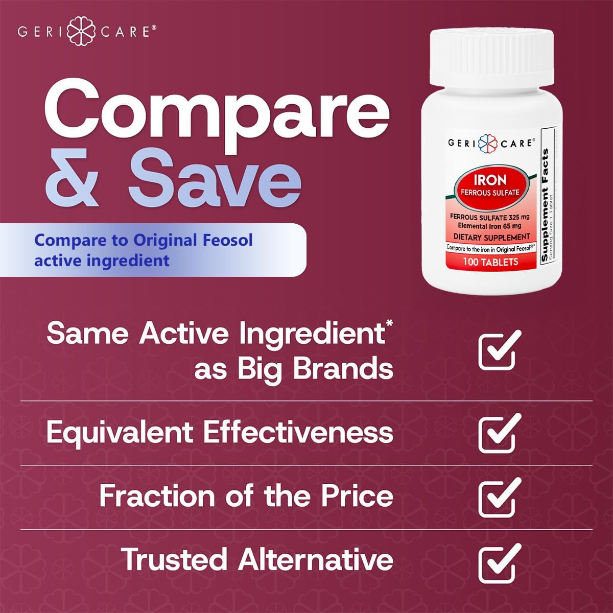 GeriCare Ferrous Sulfate Tablets 325mg, Elemental Iron 65 mg High Potency Iron Supplement | Dietary Supplement 100 Count. (Pack of 1)