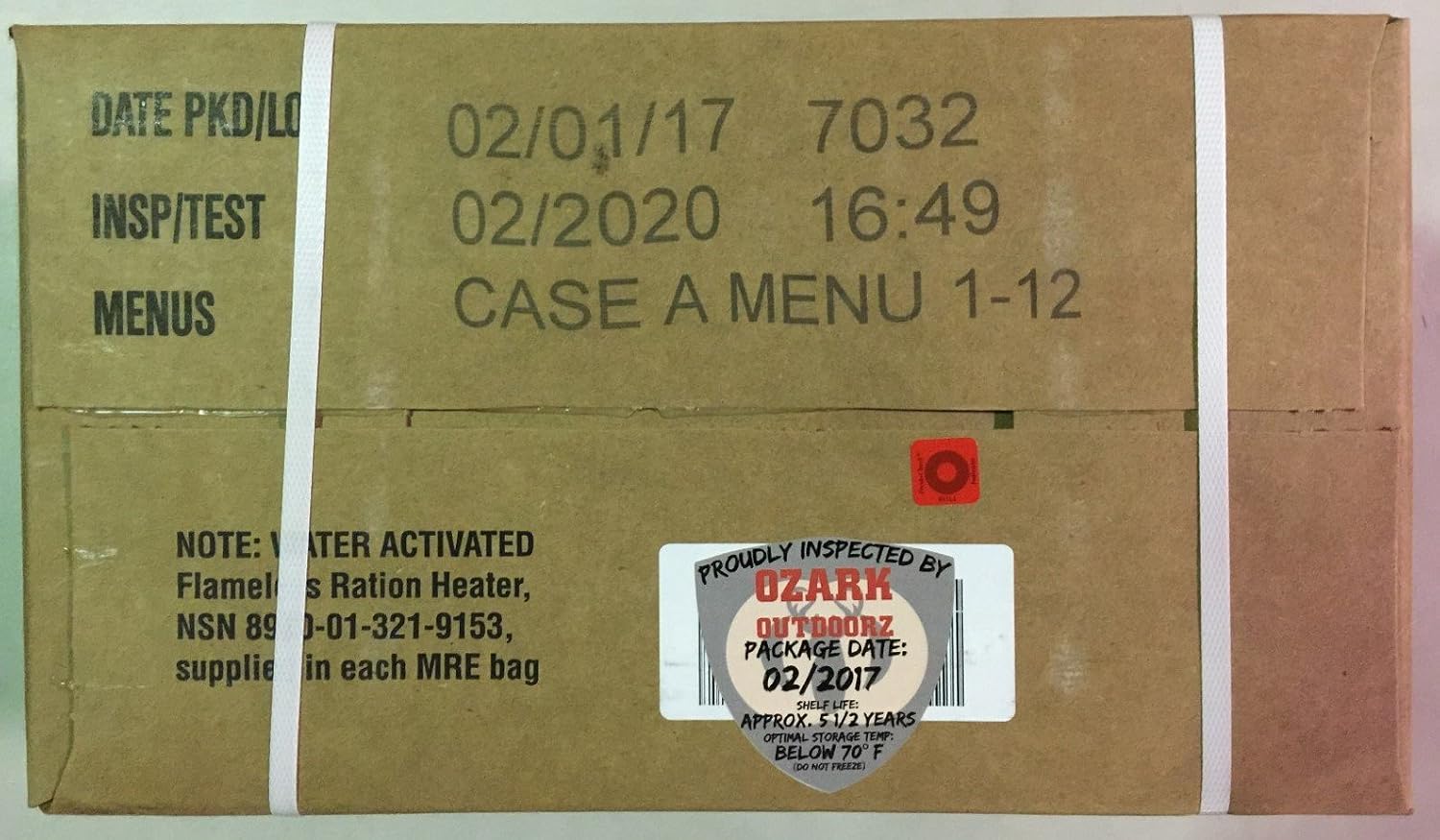 MRE 2020 Inspection Date Case, 24 Meals with 2020 Inspection Date, 2017 Pack Date A and B Case. Military Surplus Meal Ready to Eat.