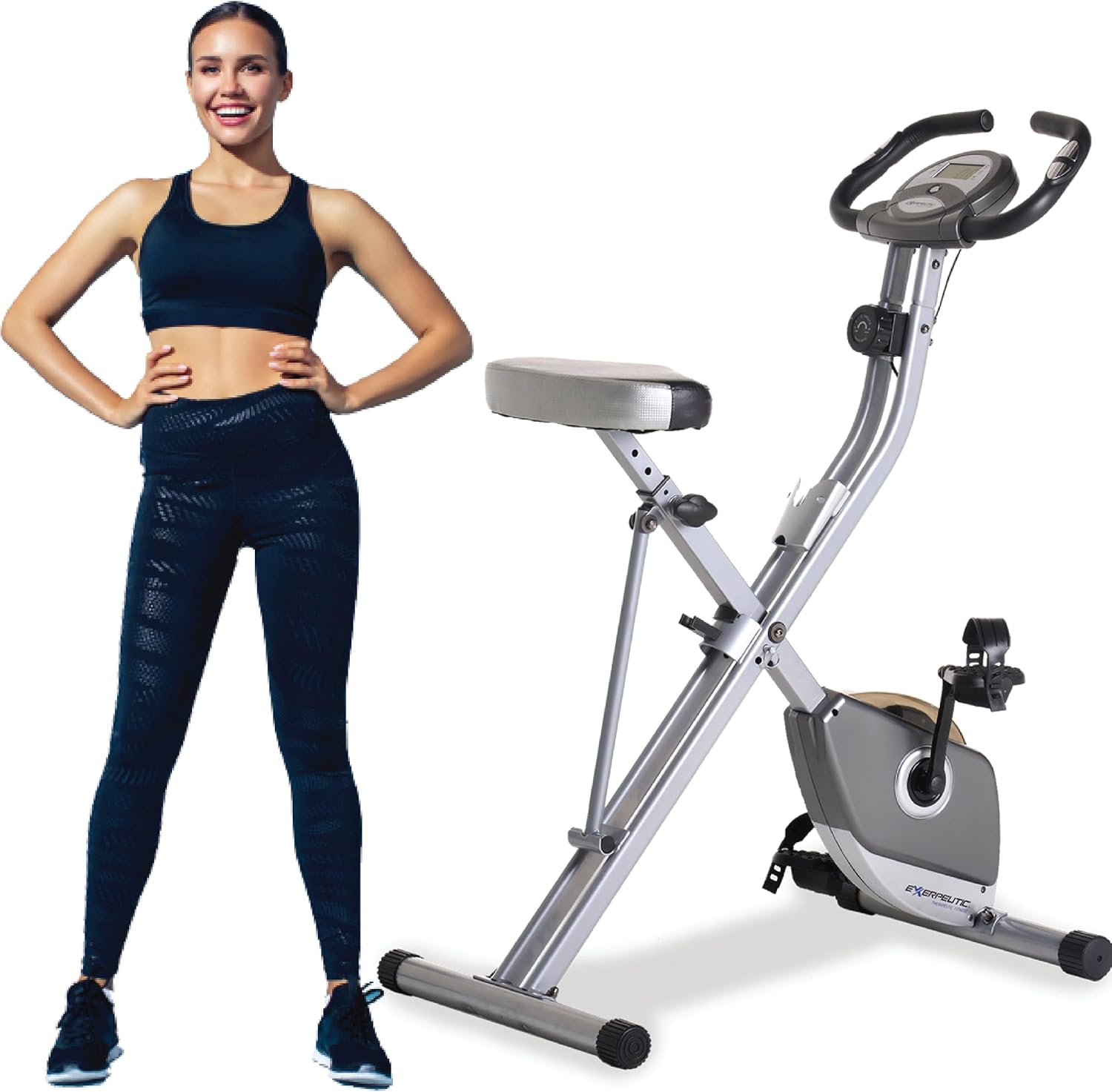 Exerpeutic Foldable Exercise Bike, 8 levels of Resistance Stationary Bicycle with Airsoft Seat, LCD Display to Track Distance, Calories