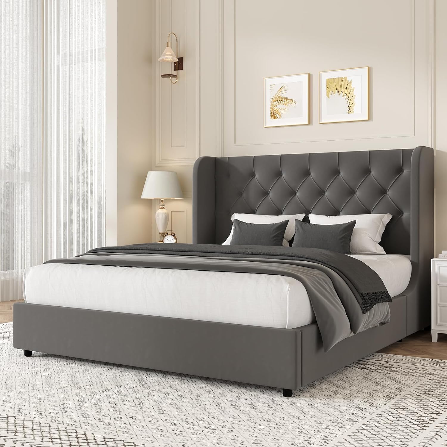 HOMBCK Full Size Bed Frame with Headboard, Upholstered Platform Bed, White | Velvet Tufted Curved Wingback/Wooden Slats Support/No Box Spring Needed/Noise-Free/Easy Assembly