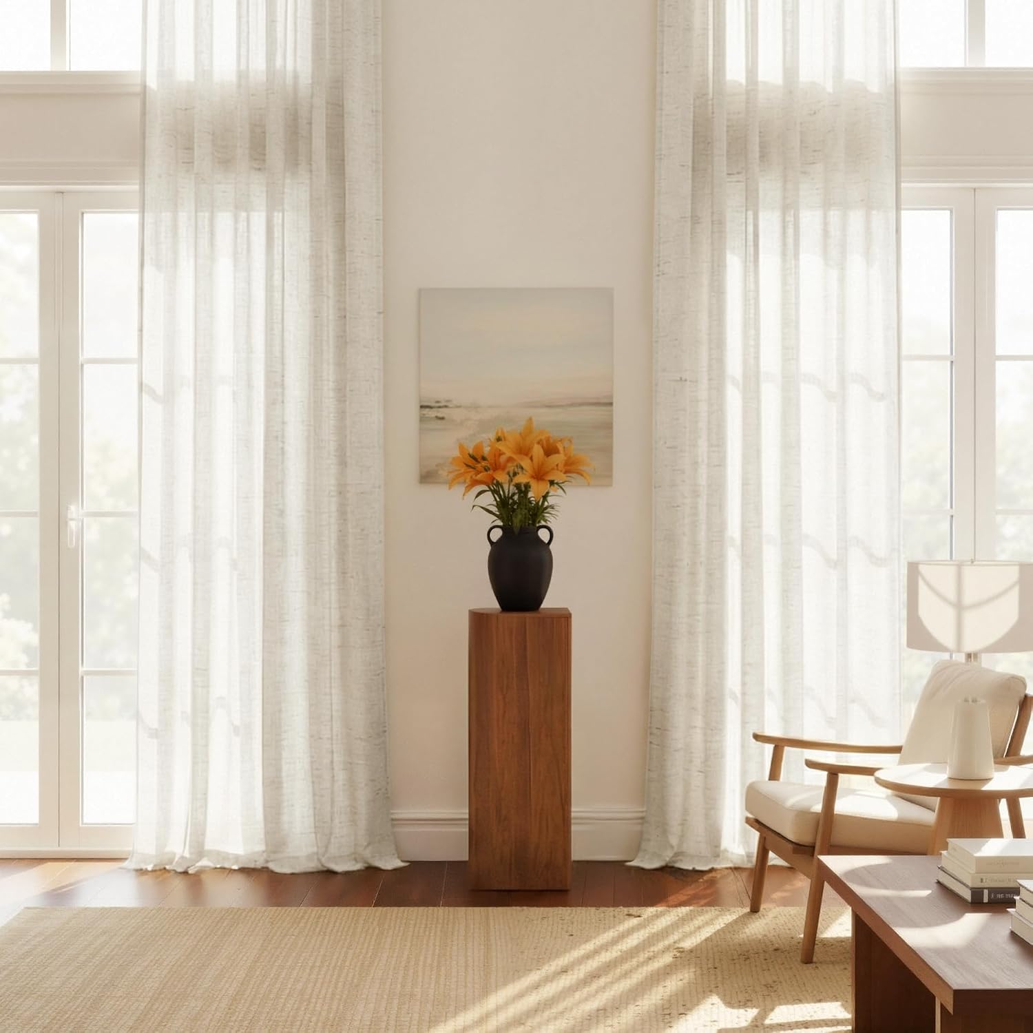 NICETOWN Linen Curtains White Semi Sheer 72 inch Long for Windows, Privacy with Light Filtering Grommet Top Window Treatments for Bedroom/Living Room
