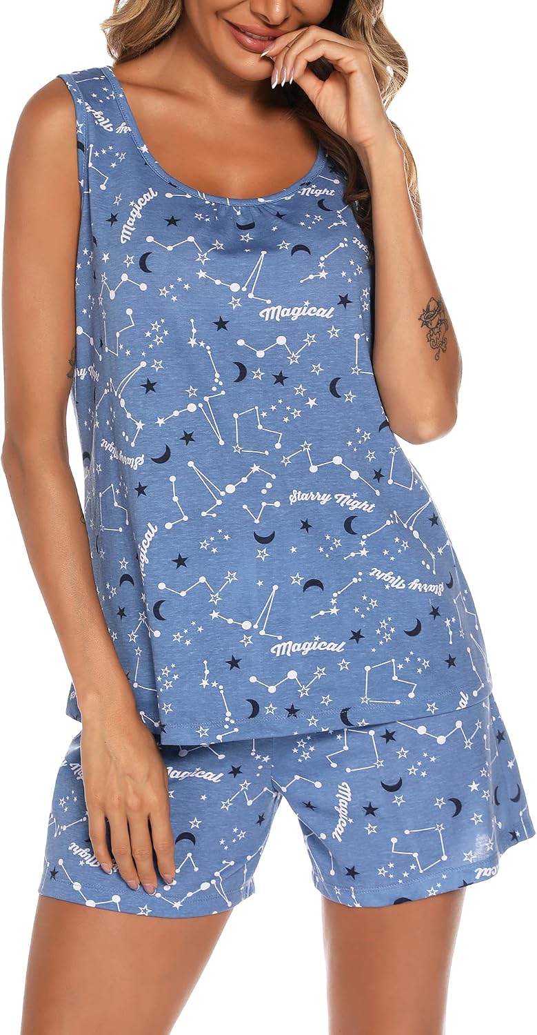 ENJOYNIGHT Womens Pajama Set Cotton Summer Sleep Tank and Shorts Pjs