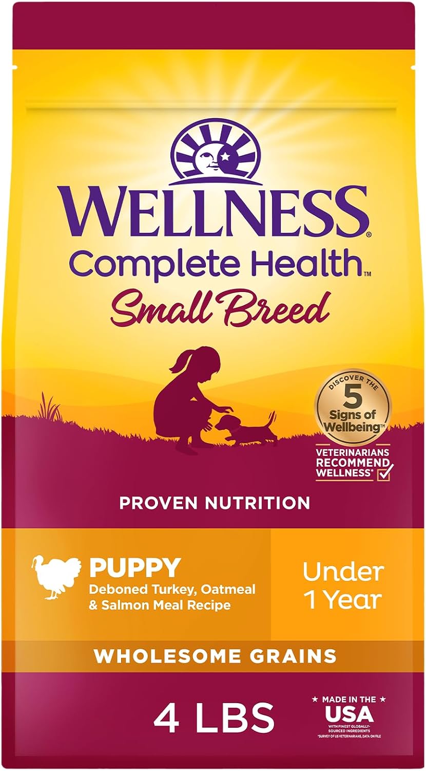 Wellness Complete Health Small Breed Adult Dry Dog Food, Wholesome Grain Kibble, Natural, Turkey and Oatmeal Recipe, 4 lb Bag