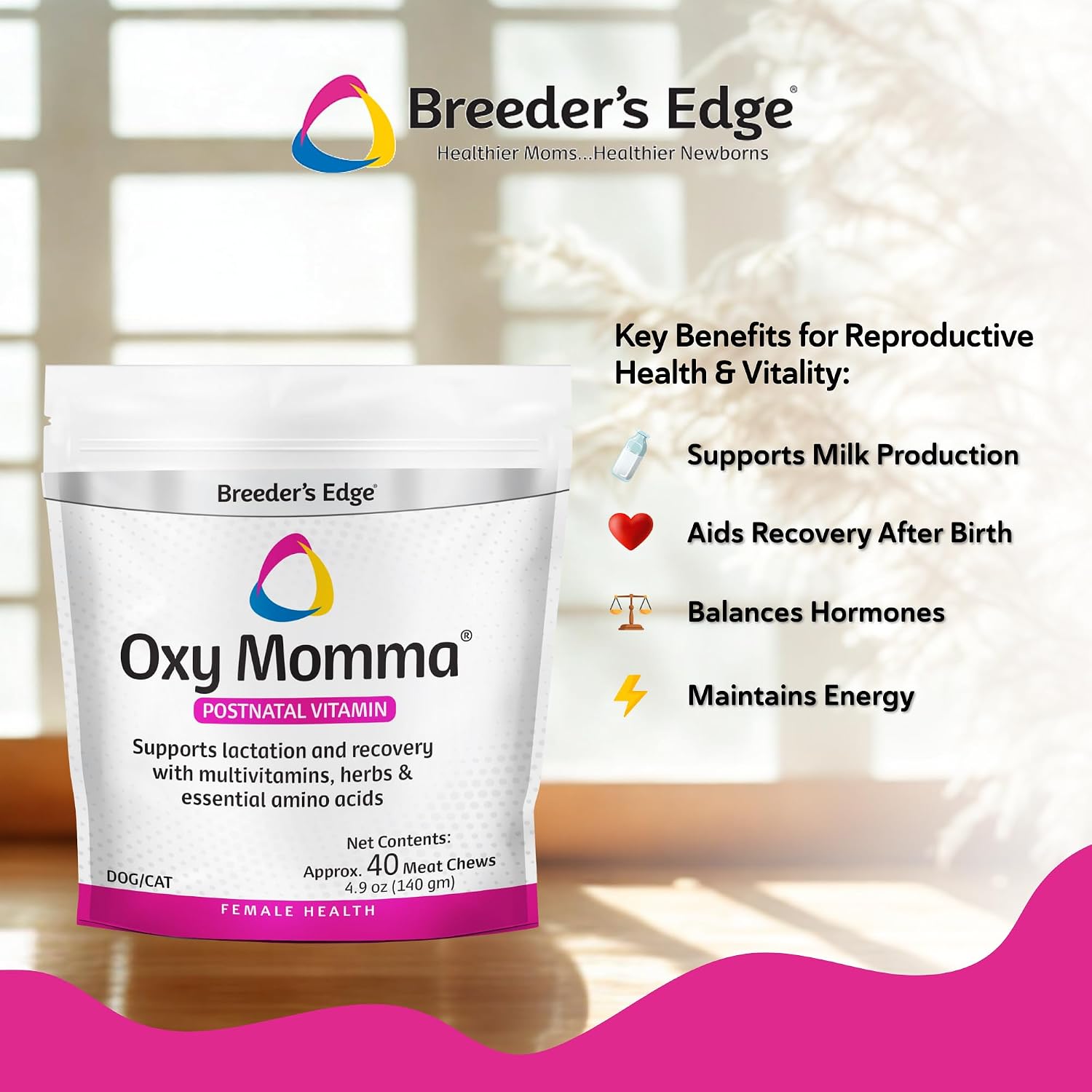 Breeder's Edge Oxy Momma Soft Chews, Postnatal Vitamin Supplement for Lactating Dogs and Cats, Supports Recovery, Hormones, and Next Pregnancy - for Medium & Large Dogs, 40ct Soft Chews