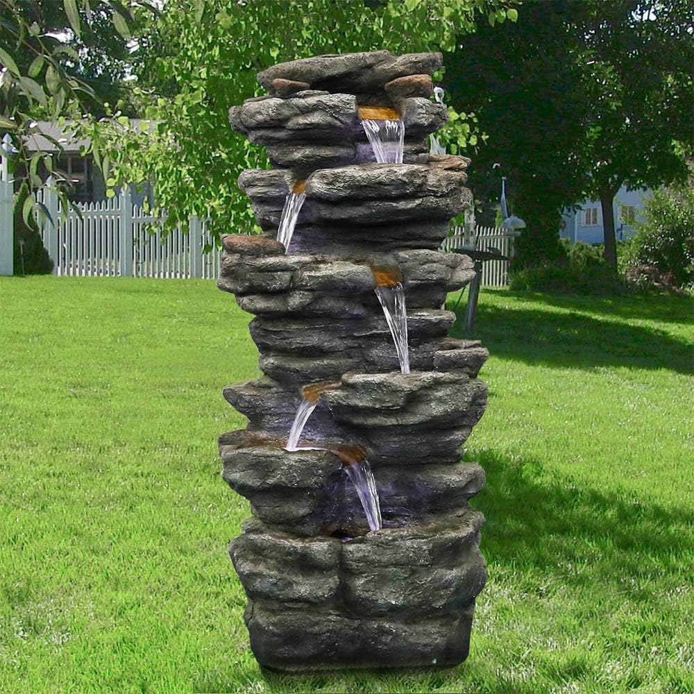PeterIvan Outdoor Relaxing Waterfall - 6-Tier Fountain with 6 LED Lights, Stone-Liking Resin for Patio, Garden, House&Office (40.6in, Grey)