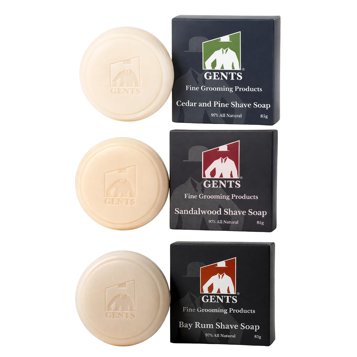 GENTS All Natural Shaving Soap Set for Men, 3 Pack Cedar & Pine, Sandalwood, Bay Rum, Shea Butter Rich Lather, Barbershop Wet Shave Grooming Kit