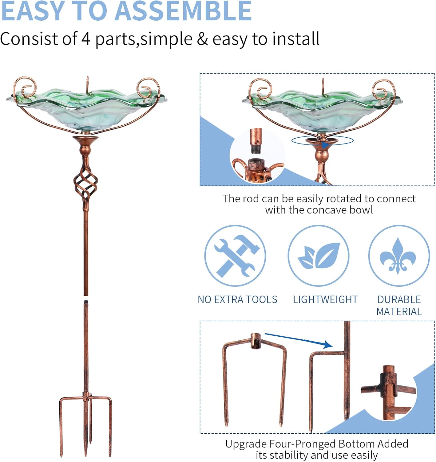 VCUTEKA Glass Bird Bath Outdoor Birdfeeder with Metal Stake Garden Decor