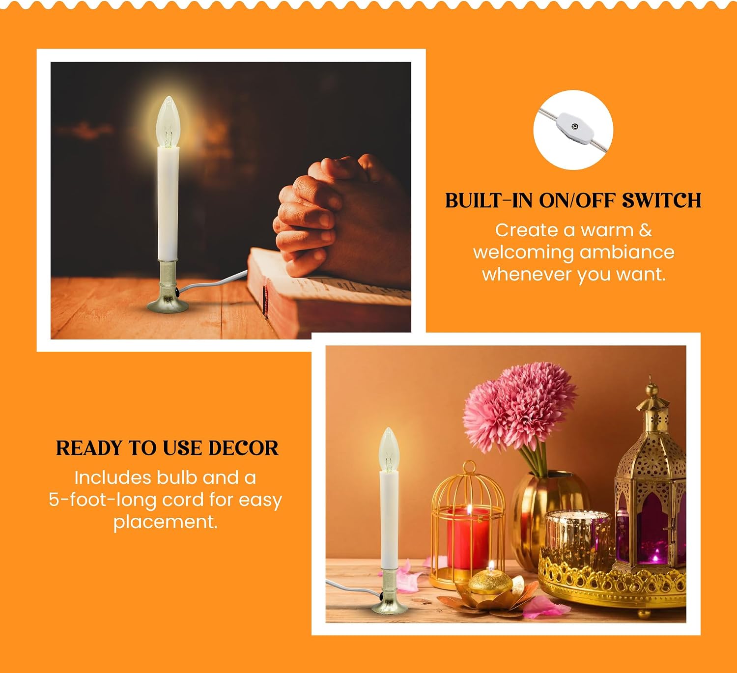 Creative Hobbies® Electric Window Candle Lamp with Brass Plated Base, On/Off Switch, Light Bulb, Ready to Use! (LED)