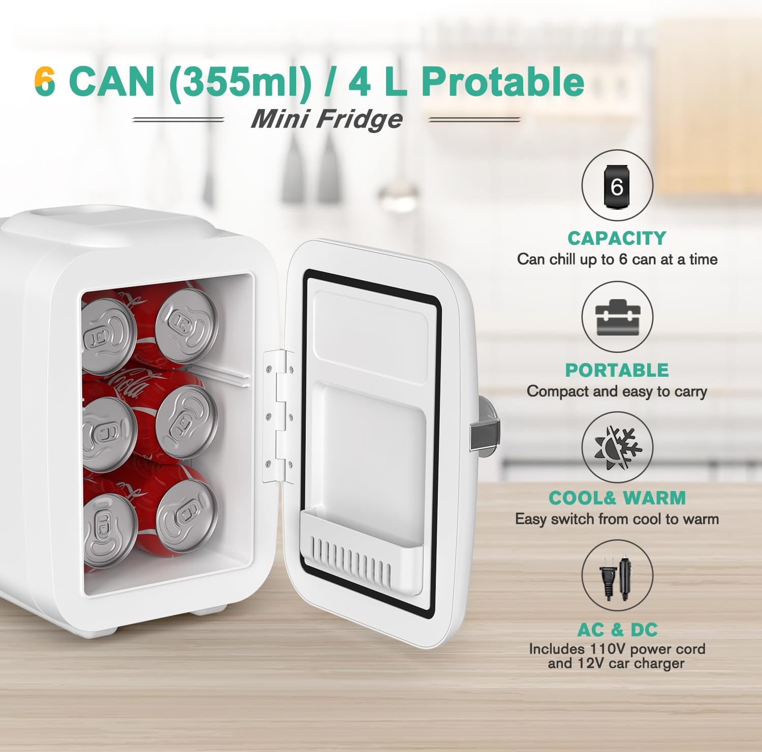 CROWNFUL Mini Fridge, 4 Liter/6 Can Portable Cooler and Warmer Personal Refrigerator for Skin Care, Cosmetics, Beverage, Food, Great for Bedroom