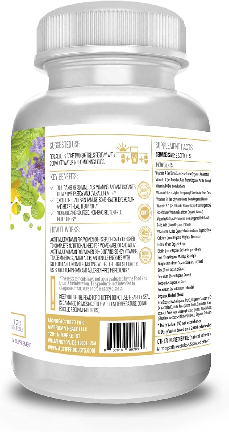 ACTIF Multivitamin for Women Age 60+ with 30 Organic Vitamins and Organic Herbs, Non-GMO, Made in USA, 2-Month Supply