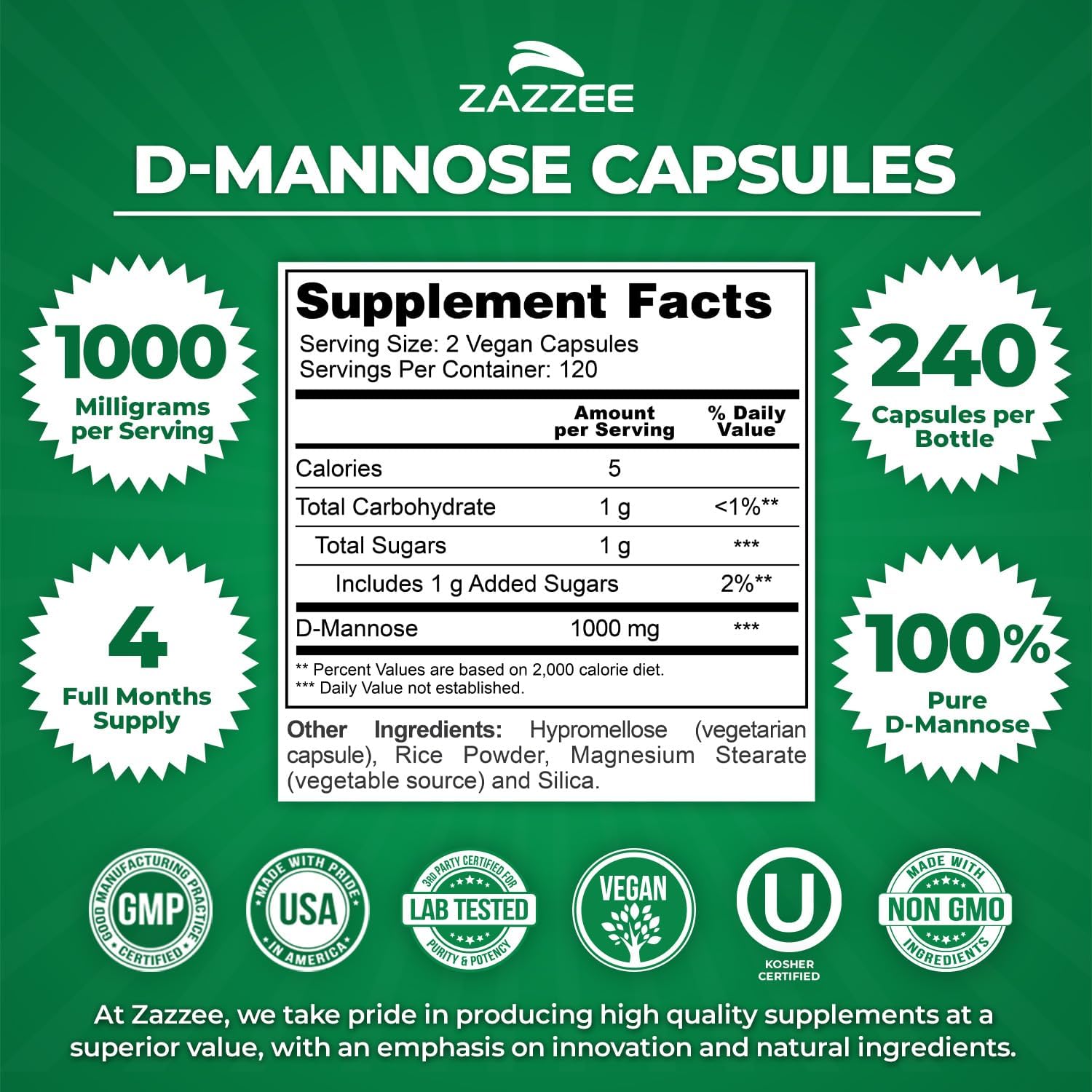 Zazzee D-Mannose, 1000 mg per Serving, 180 Vegan Capsules, 3 Month Supply | Potent & Fast-Acting, Certified Kosher, 100% Pure, All-Natural Urinary Tract Health Support, 100% Vegetarian, Non-GMO