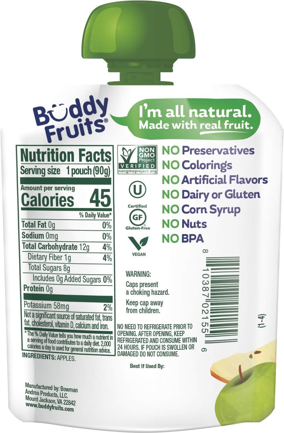 Buddy Fruits Snacks To Go Multifruit Unsweetened Applesauce 3.2oz Pouch (18pk) Gluten-Nut-Dairy-Preservatives-BPA Free, Non GMO, Kosher