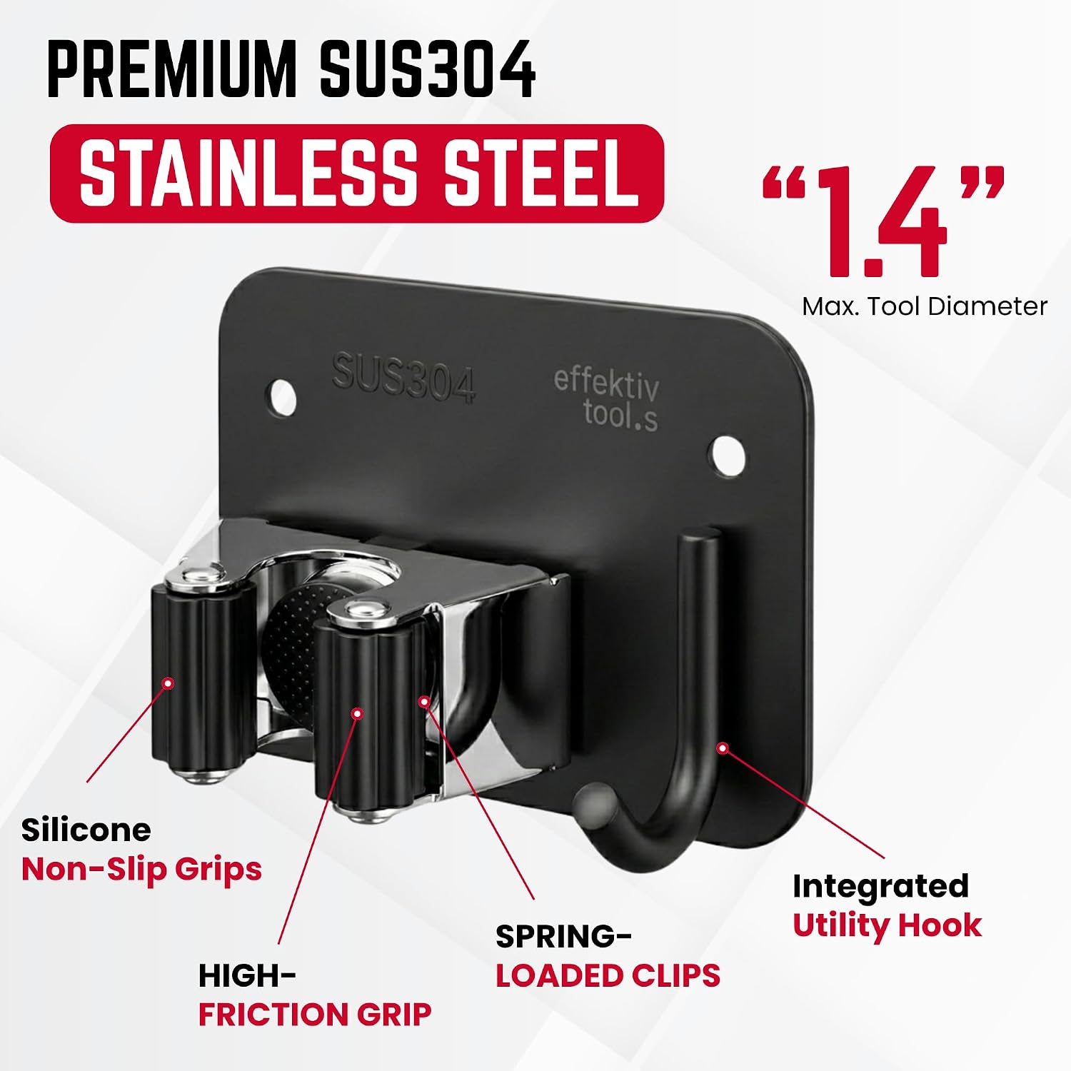 Wall Mount Hanger for Brooms & Mops - Adhesive Stainless Steel Mops & Broom Holder, 4 Clamps, 3 Hooks