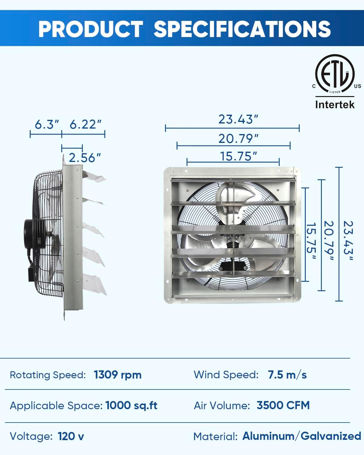 KEN BROWN 12 Inch Shutter Exhaust Fan Wall Mounted, Aluminum with 1.65 Meters Power Cord Kit, High Speed 1450CFM, Vent fan for Commercial, Greenhouse