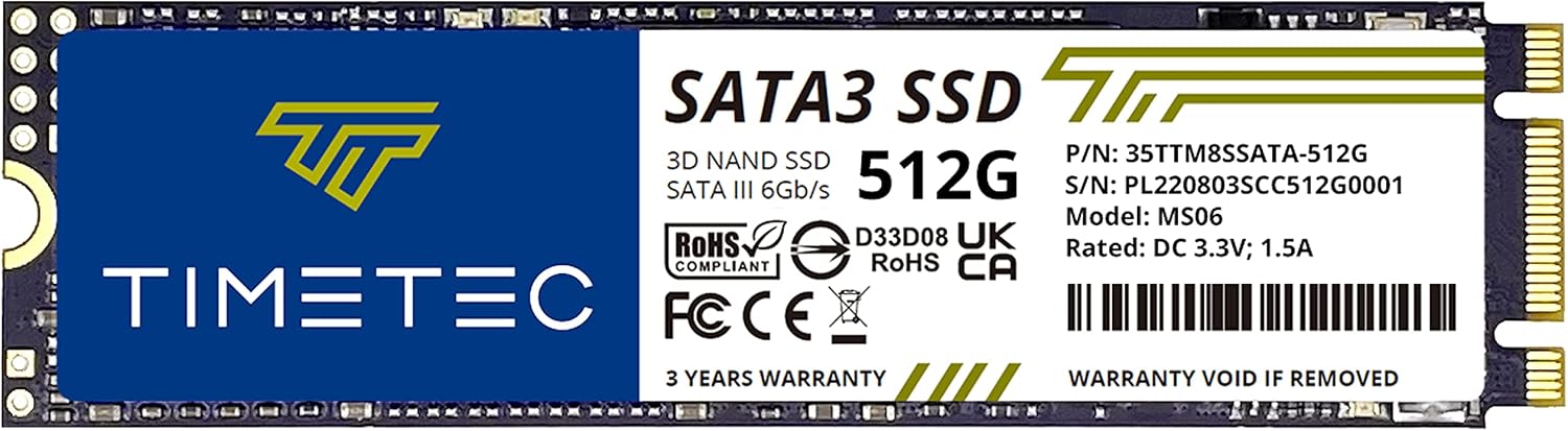 Timetec 1TB SSD 3D NAND SATA III 6Gb/s M.2 2280 NGFF 512TBW Read Speed Up to 550MB/s SLC Cache Performance Boost Internal Solid State Drive for PC