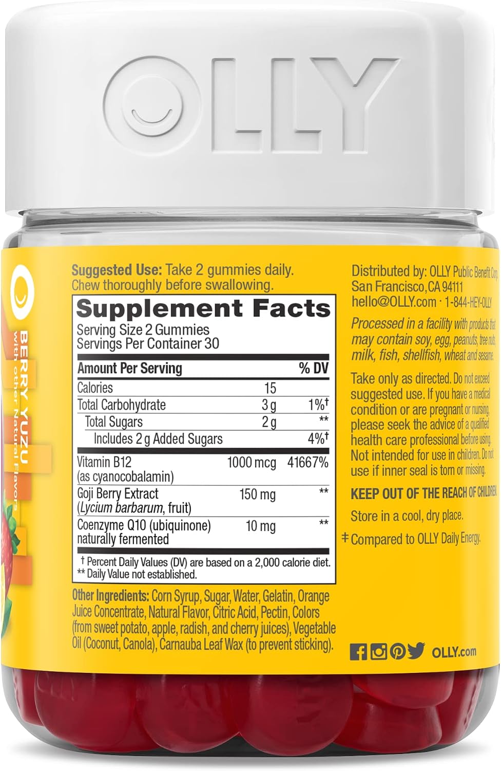 OLLY Daily Energy Gummy,Vitamin B12, CoQ10, Goji Berry - 60 Count