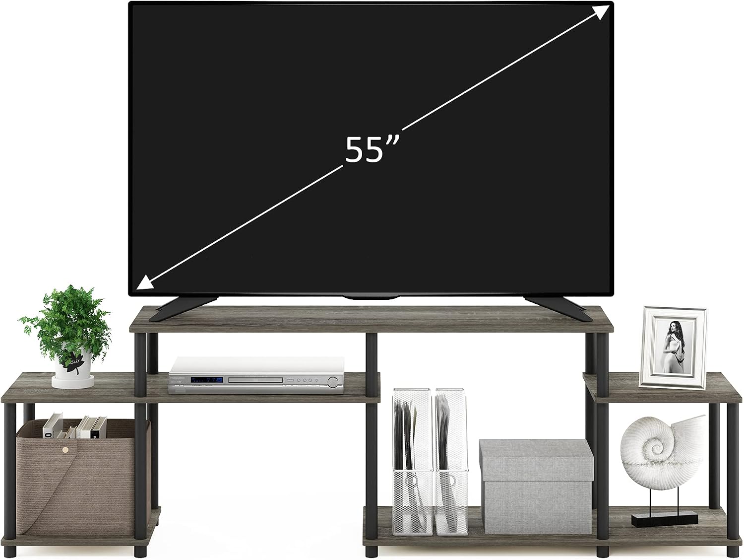 Furinno Nelly TV Stand, 3-Tier Entertainment Center with Open Shelves Storage, TV Console for TV up to 55 Inch, Soft Edges, for Living Room, Bedroom, Black