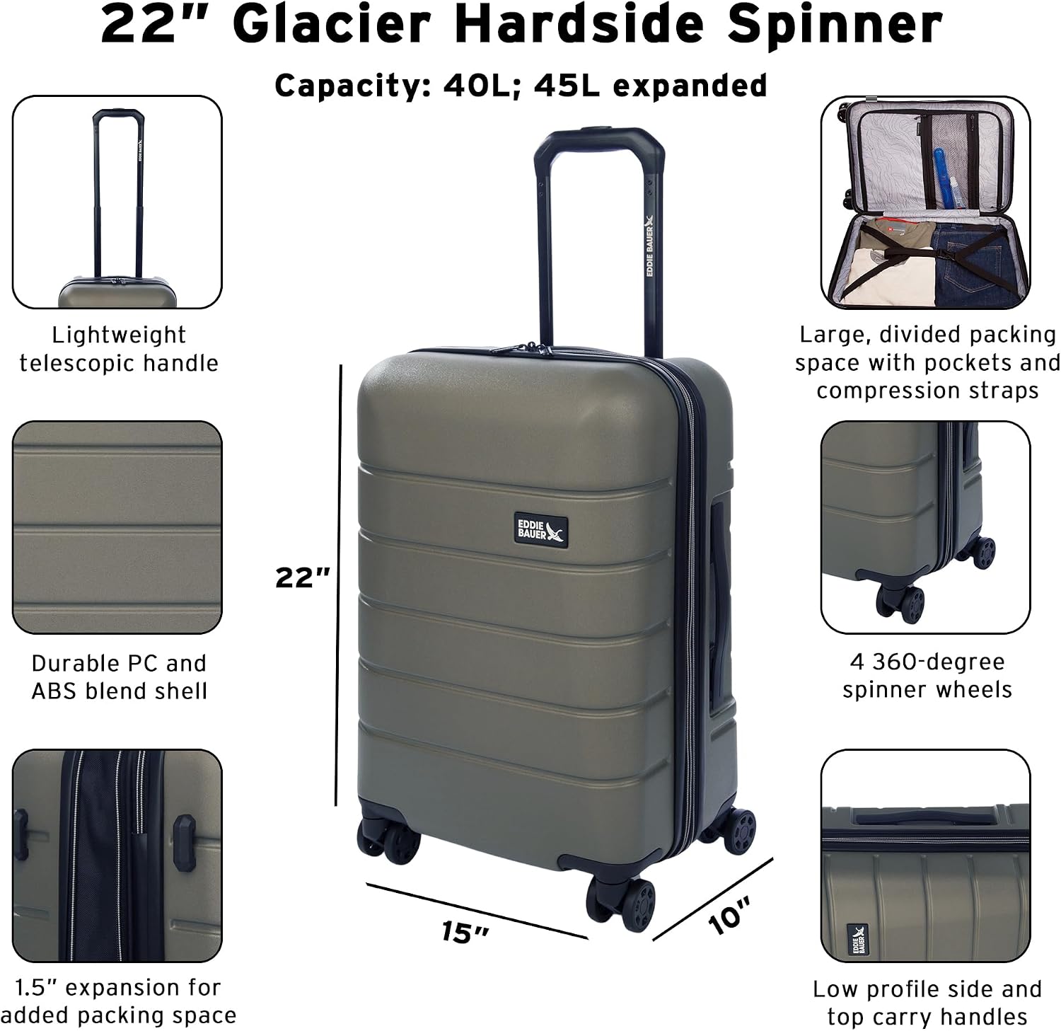 Eddie Bauer Glacier Checked 30" Luggage | Hardside | Spinner Wheels | Expandable | Lightweight | Travel Essentials - Sprig Green