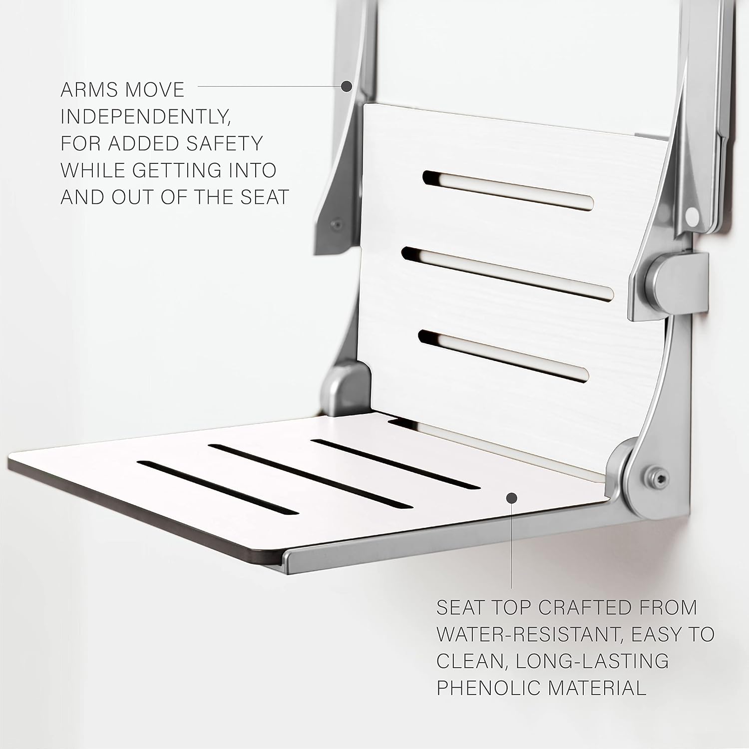 Seachrome Silhouette Comfort Folding Wall Mount Shower Bench Seat with Arms, Teak Seat with Silver Frame