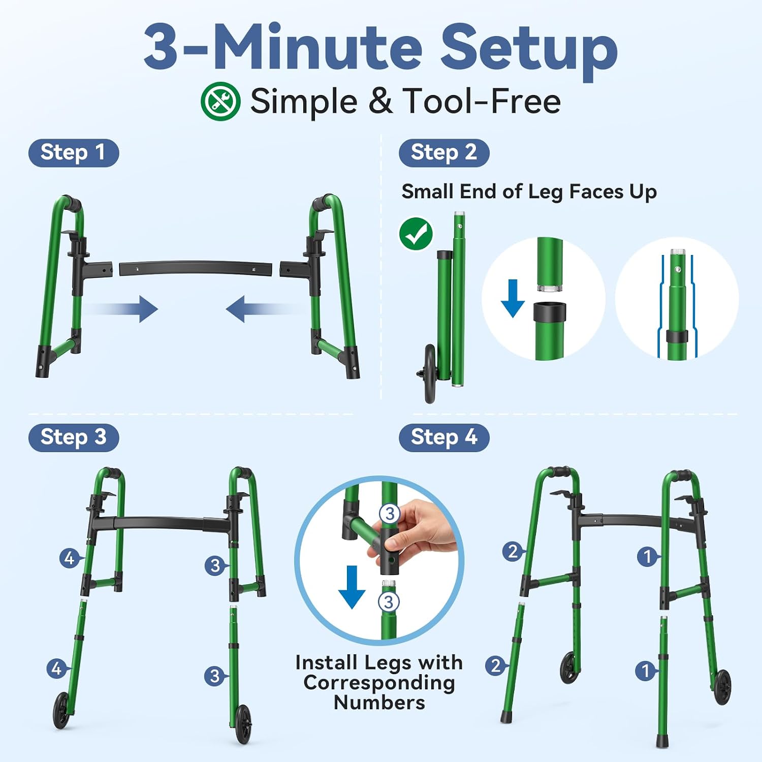Loyoda Folding Walker with Basket and Glide Skis, 5" Wheels, Lightweight | Standard Walker for Seniors and Adults, Offers 8 Height Adjustments (31"-38"), Supports up to 350 lbs
