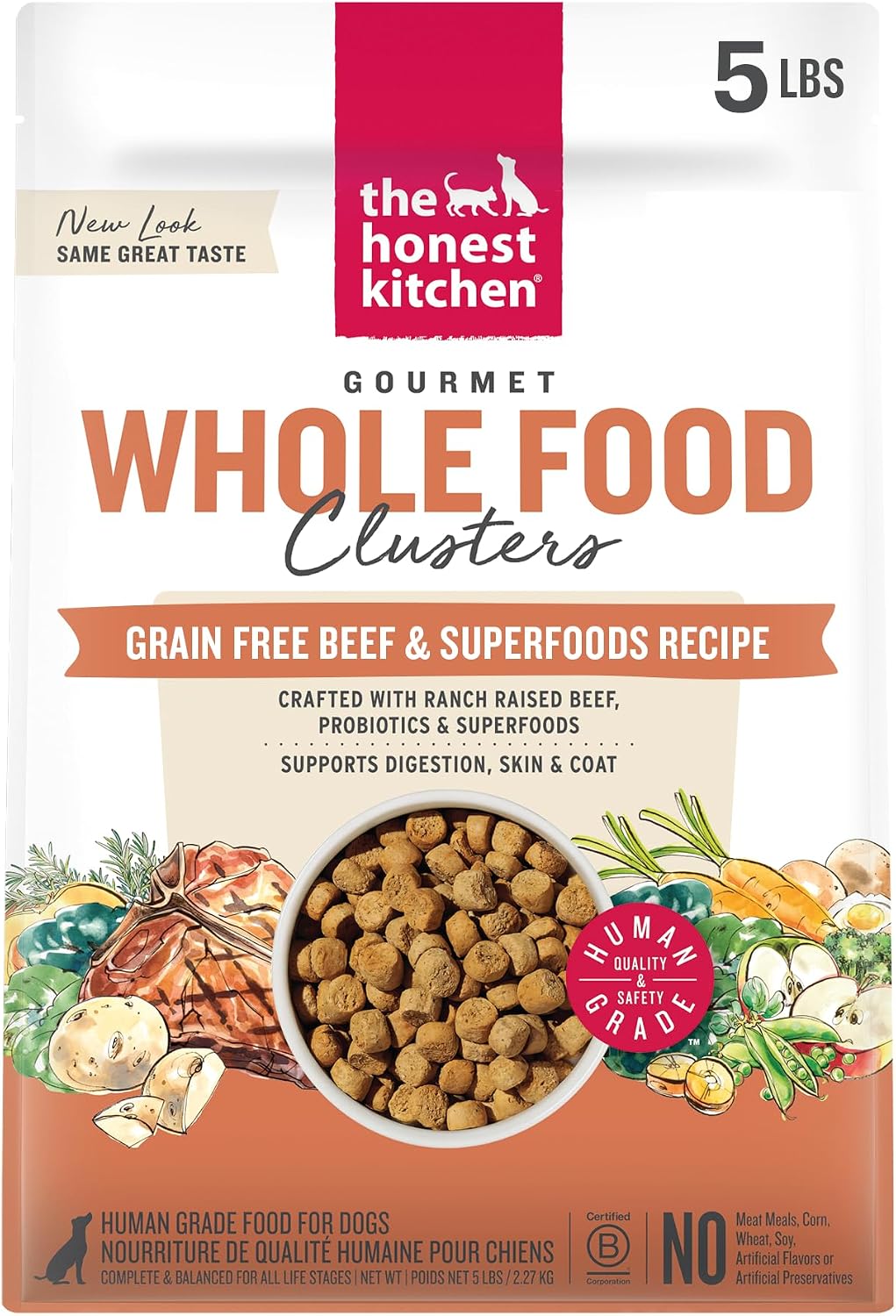 The Honest Kitchen Grain Free Beef & Superfoods Whole Food Clusters, Human Grade Dry Dog Food, Vet-Crafted Nutritional Support for Skin, Coat, Digestion & Overall Wellness, 20 lb Bag