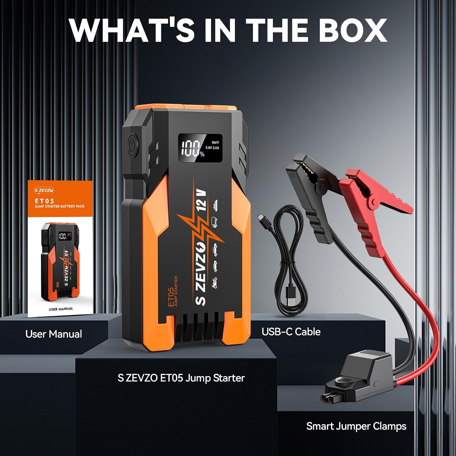 S ZEVZO ET05 Jump Starter 3000A Portable Car Jump Starter Battery Pack (7.2L Gas/ 5.5L Diesel), 51.8Wh 12V Jump Box with USB Ports