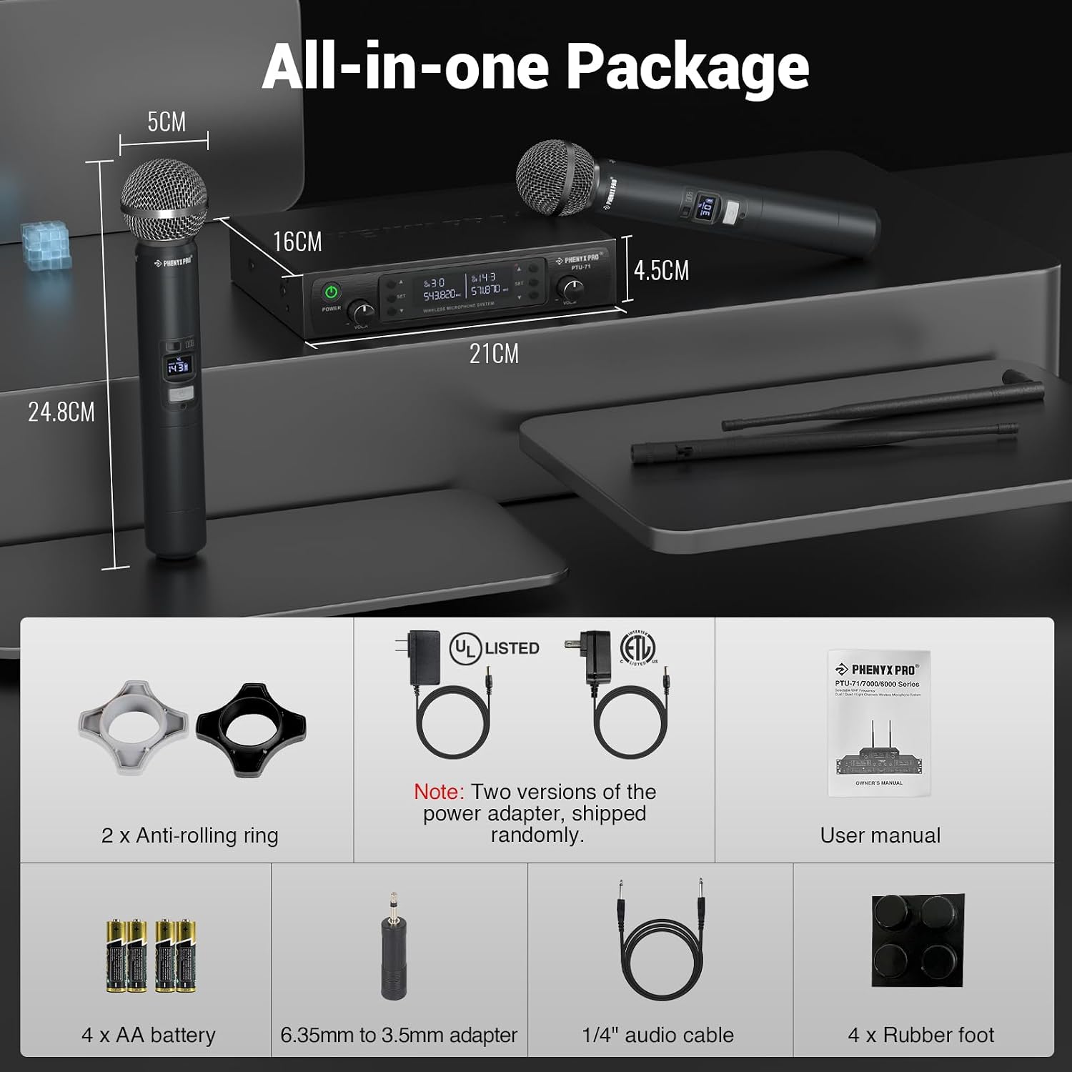 Phenyx Pro Dual UHF Auto Scan Handheld Wireless Microphone System PTU-71-2H | 2 Dynamic Mics, 2 x 100 Frequencies, 328 ft Range, Live Vocals