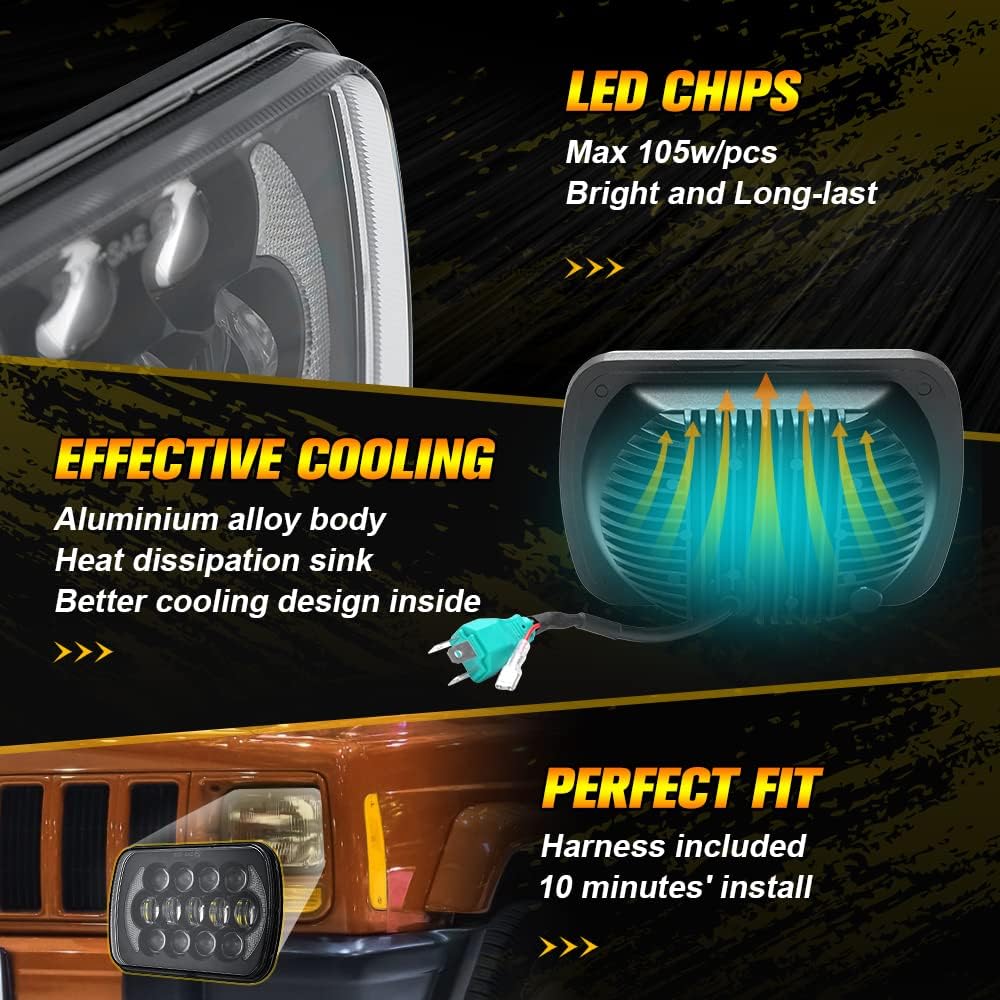SPL DOT Approved 105W Brightest Black 5x7 7x6 Projector Led Headlights Anti-glare Hi/Low Sealed Beam H6054 H5054 with DRL Compatible with Jeep Wrangler YJ Cherokee XJ Ford Chevy GMC Toyota etc
