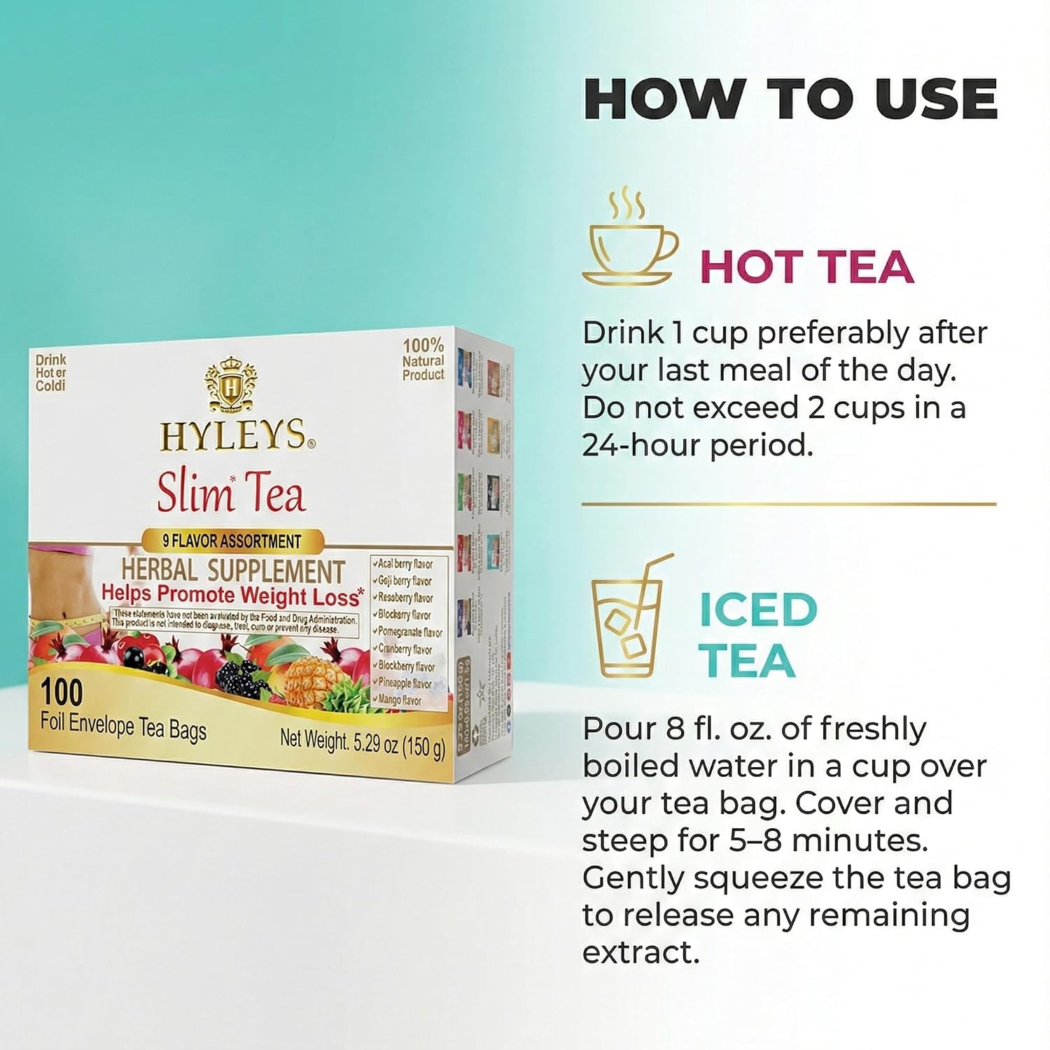 HYLEYS Slim Tea Goji Berry, Weight Loss Detox, Slimming Diet Tea, 25 Bags | Green Tea, Senna Detox & Cleanse, 3 Natural Ingredients, No Added Sugar, 1-Step Bedtime Routine, Supports Digestion