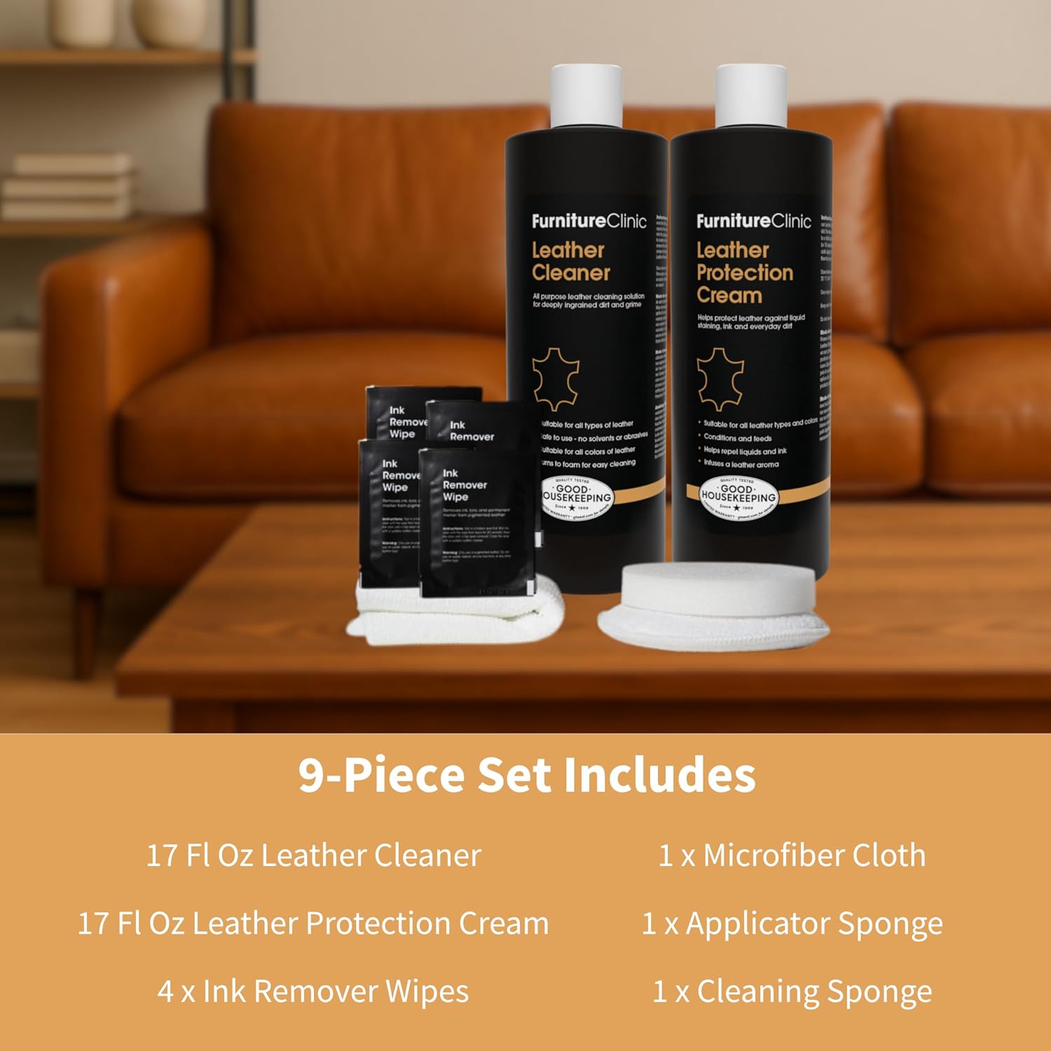 Furniture Clinic Large Leather Care Kit | Leather Cleaner + Conditioning Protection Cream for Furniture | Two 17oz Bottles + 1 Sponge & 1 Cloth | Restore Leather Couches, Car Seats, Jackets, & Boots