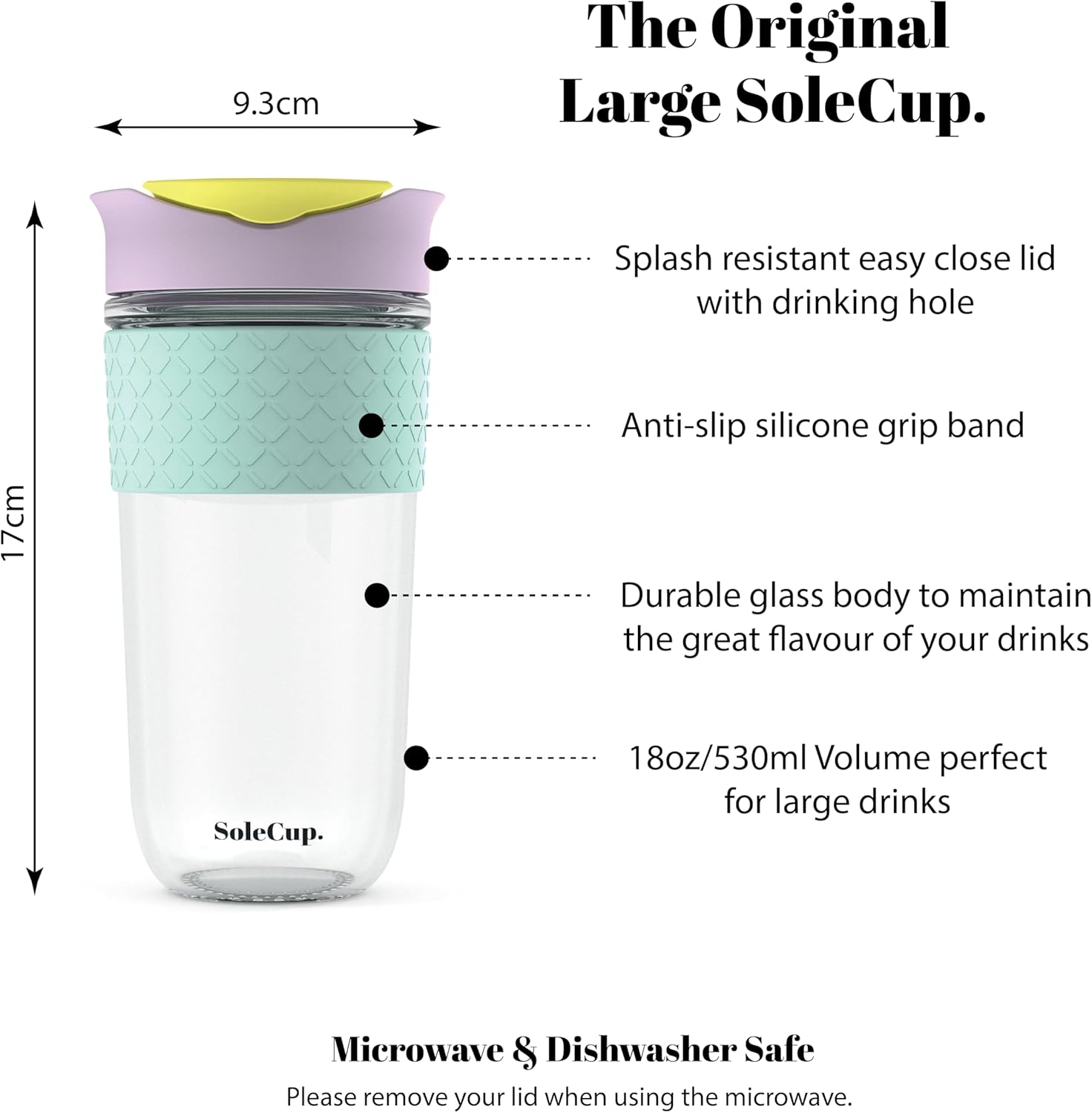 Large Travel Mug - Reusable Glass Coffee Mug - 18oz/530ml BPA-Free Hot Drink Travel Mug with Lid & Silicone Band (Black, 18oz)